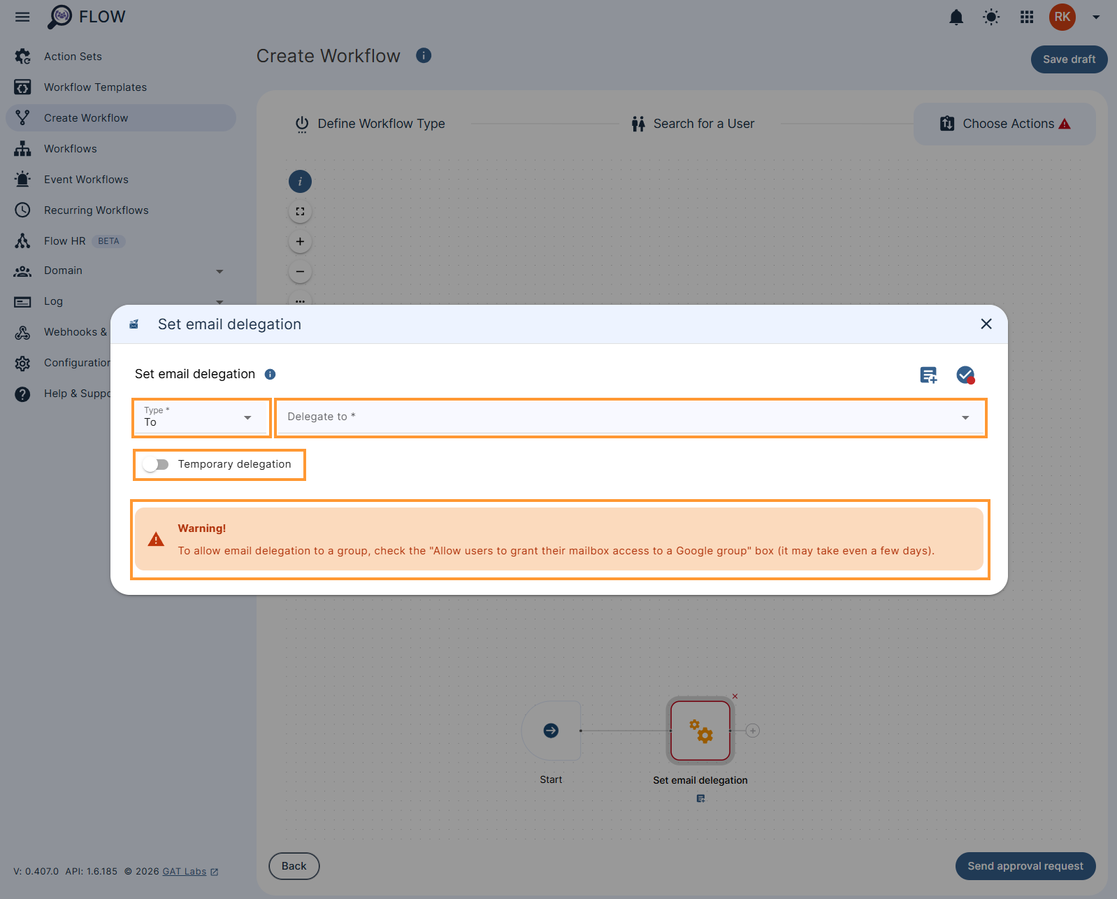 Set email delegation action settings in GAT Flow