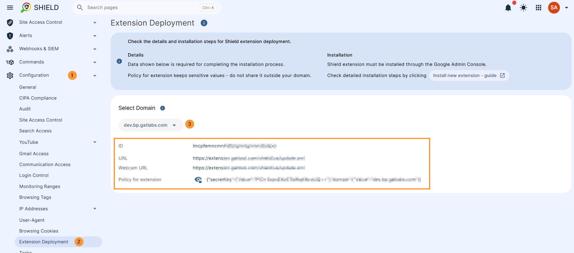 Navigate to GAT Shield > Configuration > Extension deployment
Select the data you need, copy the extension ID and URL 
Copy the data and paste in the Google Admin console - From a custom URL option above.