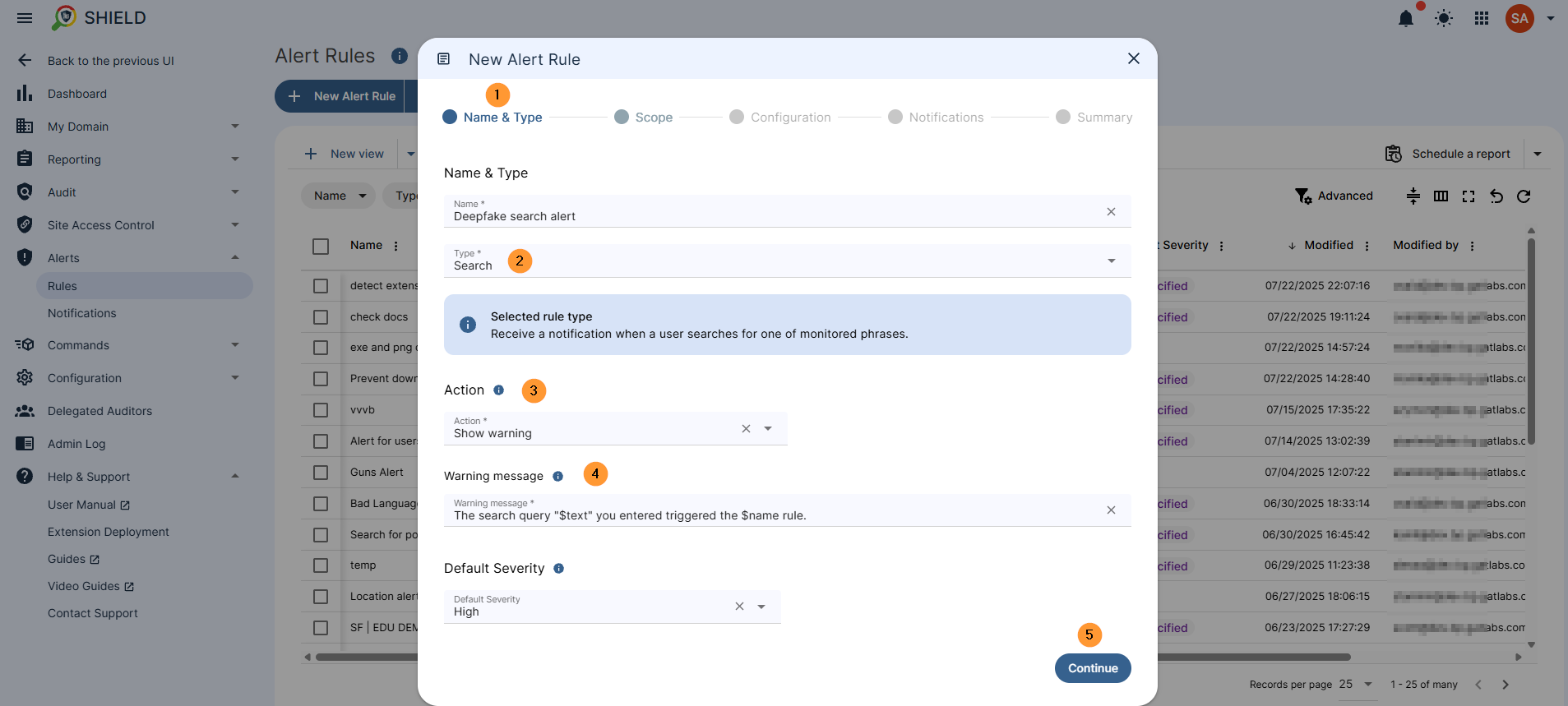 A pop-up window for creating a New Alert Rule is displayed, prompting the user to fill in several fields. Under Name & Type, the Name field requires a user-defined name for the alert, while the Type field, a dropdown menu, has Search - Receive a notification when a user searches for one of the monitored phrases selected. Below this, the Action section offers several options for end-users when the rule is triggered: Show warning, Close, Close without warning, Redirect, Redirect without warning, and No action. A Warning message text box is available for the message users will see. Finally, a Default severity dropdown allows the user to set the importance level for notifications generated by this rule.