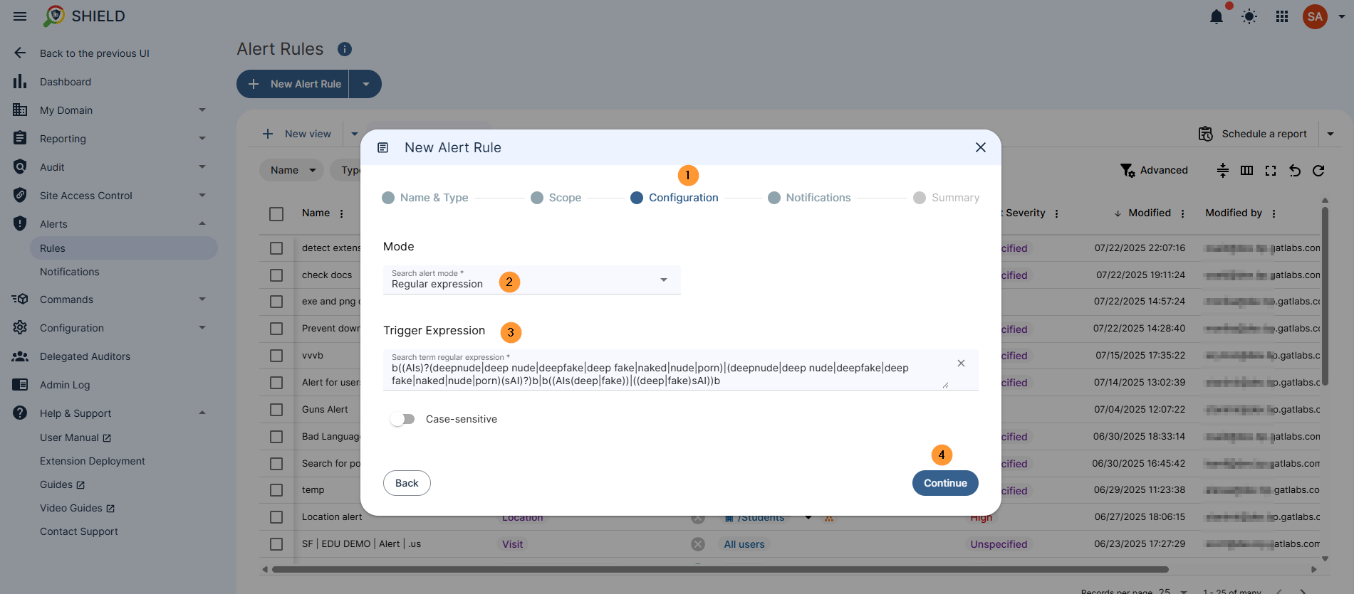 In the configuration tabel fill in the details in the mode - sleect regular expression then below that in the trigger expression button/field enter the search term regular exoression then click on Continue