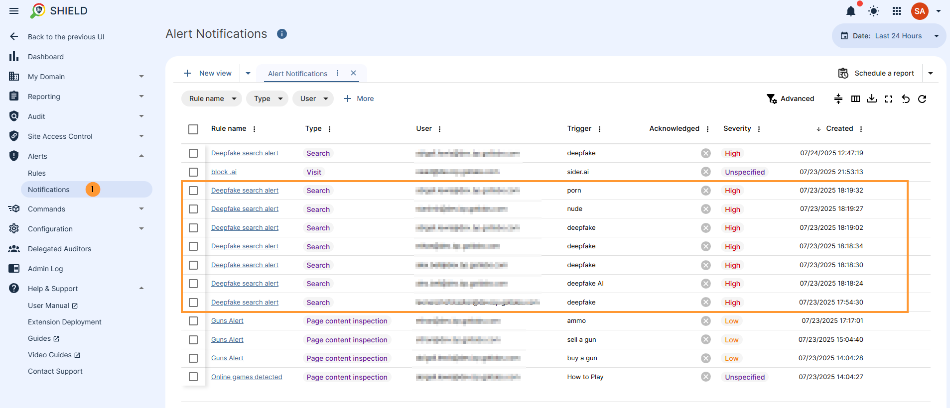 View the notifications recieved by the users activity and searches done on the browser where Shield is. View it in notification center on the left side menu under Alerts 