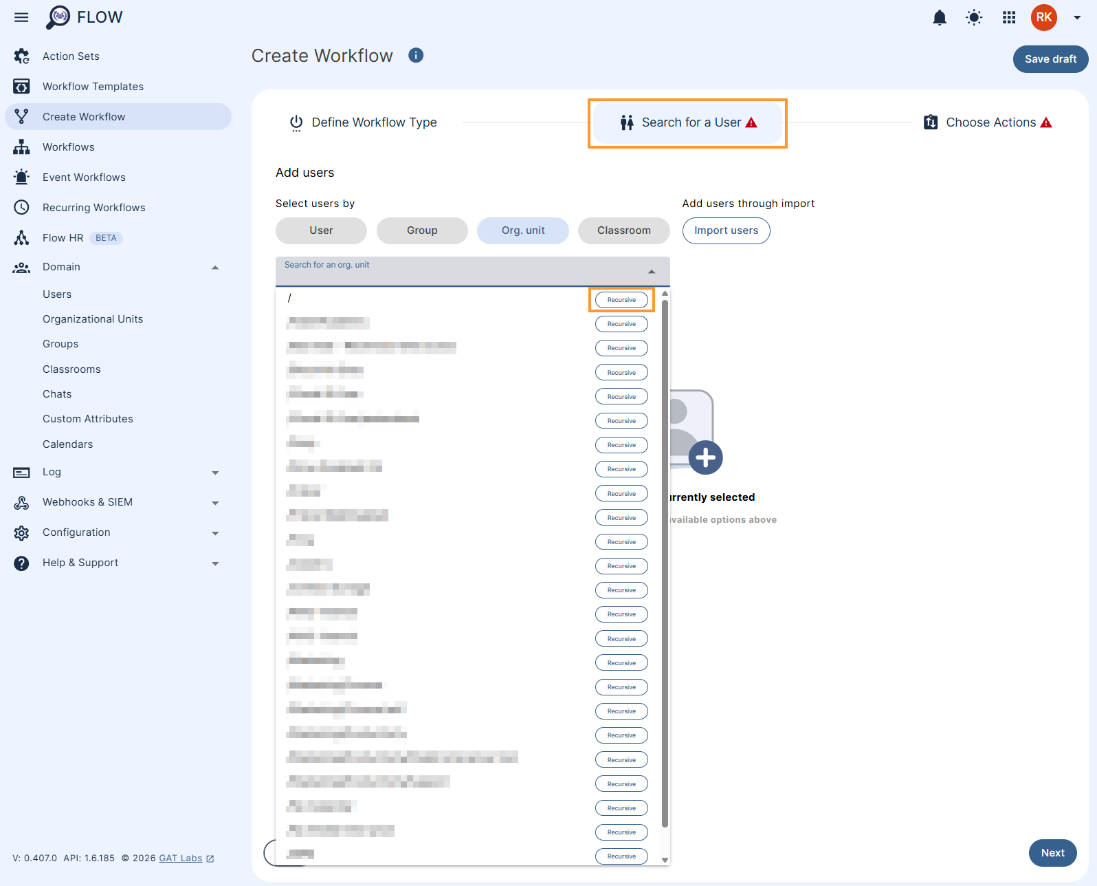 Selecting an OU in GAT Flow 'Search for a user'