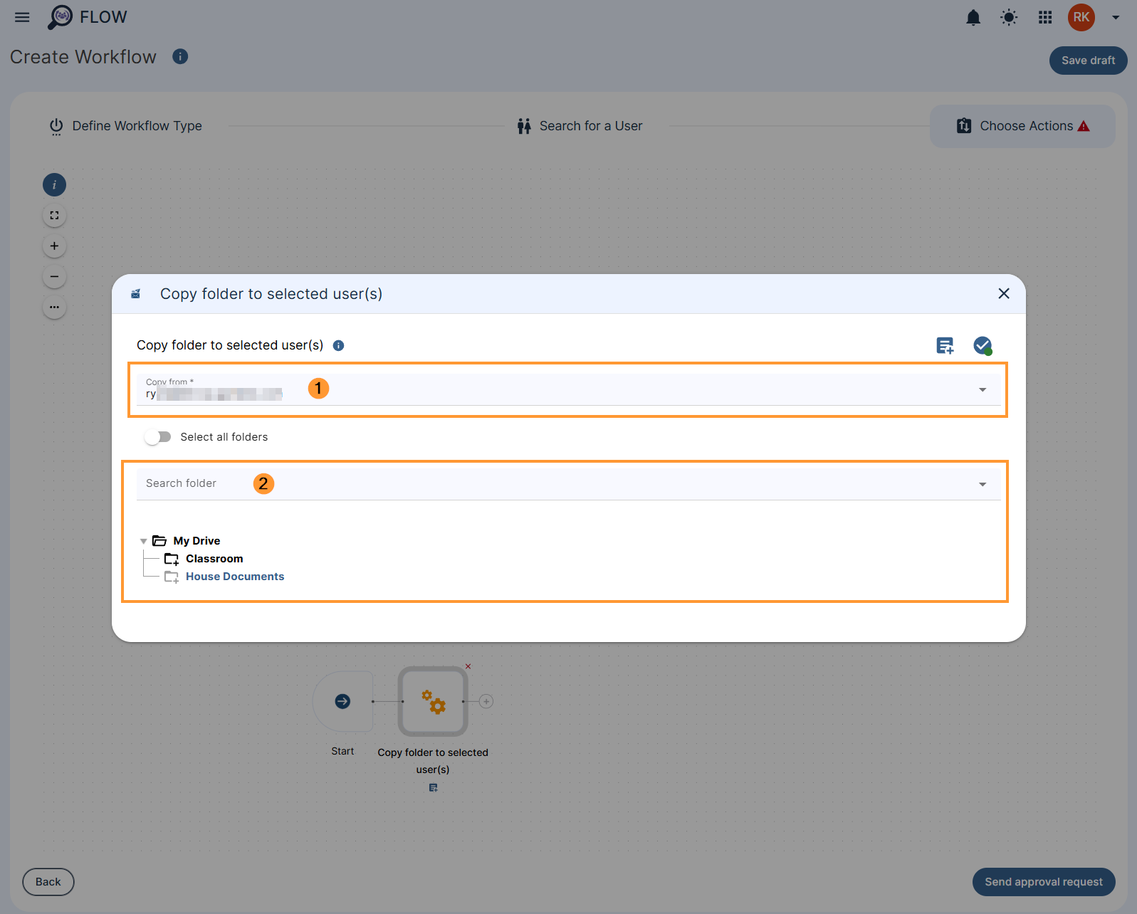 Selecting the folder to copy in the 'copy folder to selected user(s)' action in a GAT Flow workflow