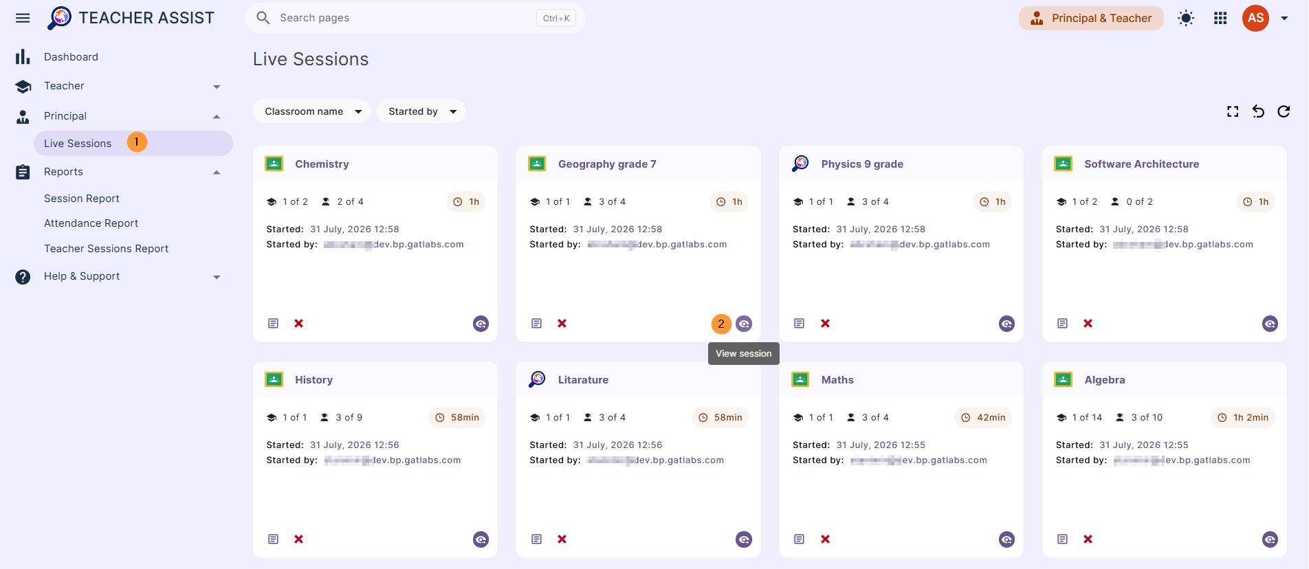 The live classes allow the Principal to view all currently active classroom sessions that occur in the domain.
View all the currently active classroom sessions.
Watch the session live by clicking on the "View Session" button.