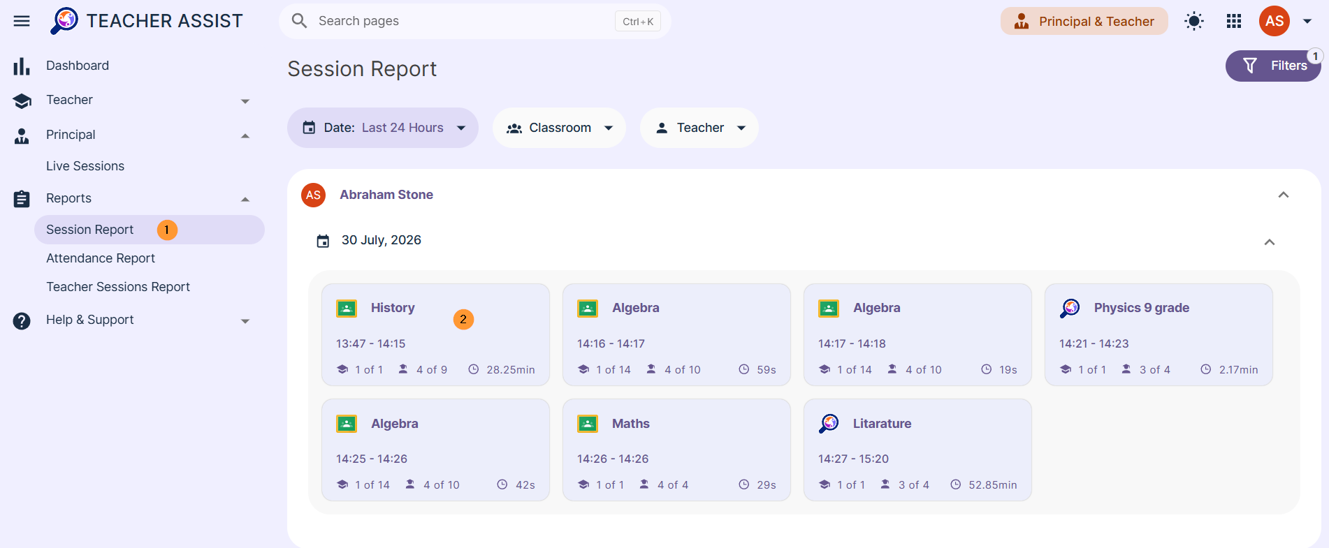 The session report will show reports for Teacher Assist activity on a selected time period and can also be filtered by classroom or teacher.