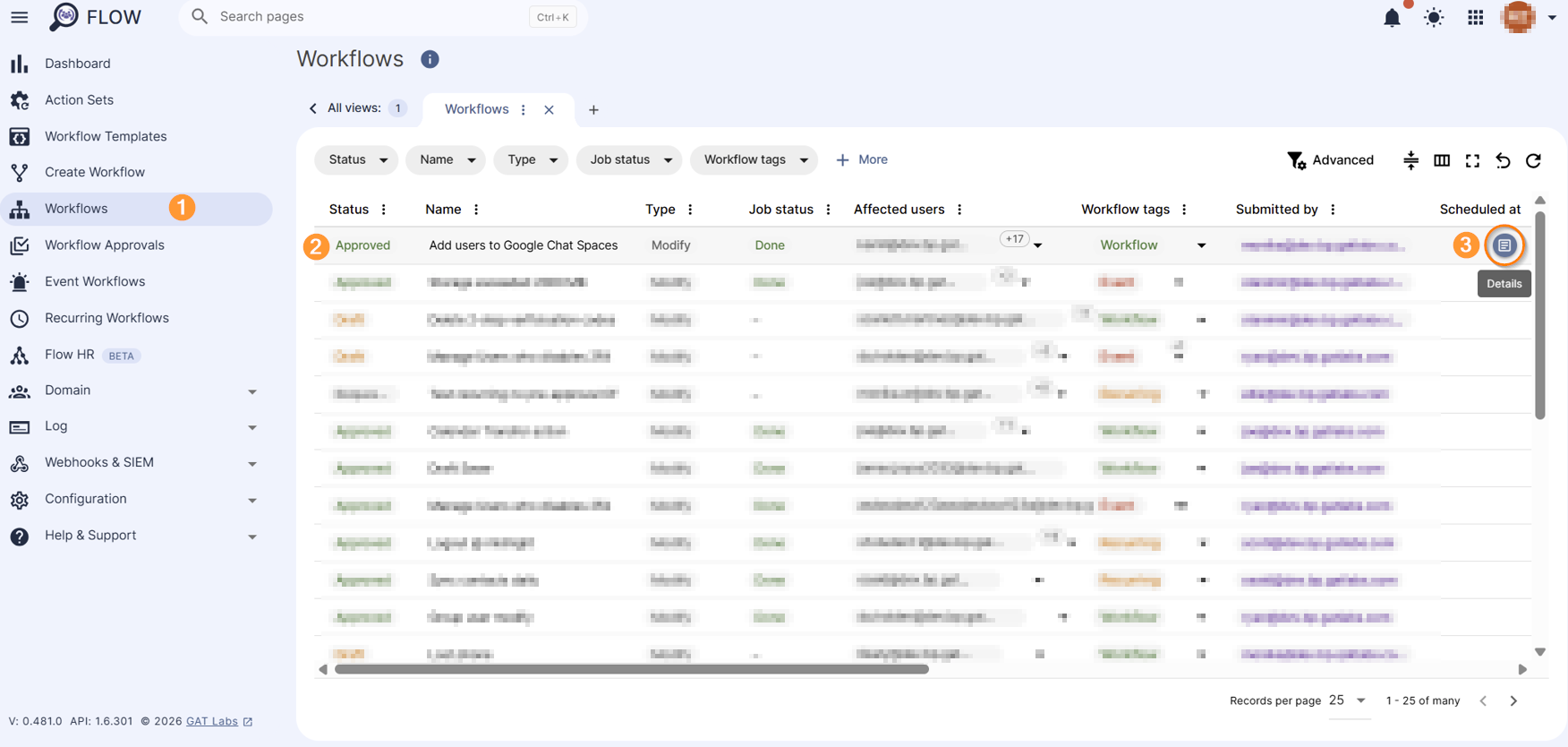 Workflow results section with the Details button that allows in dept review of the workflow results.