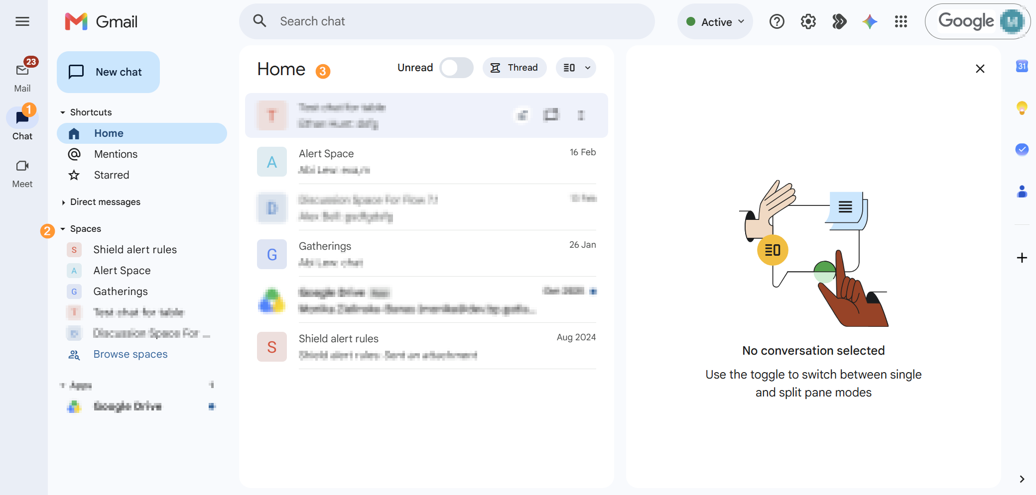Google Chat spaces available in users Google account.