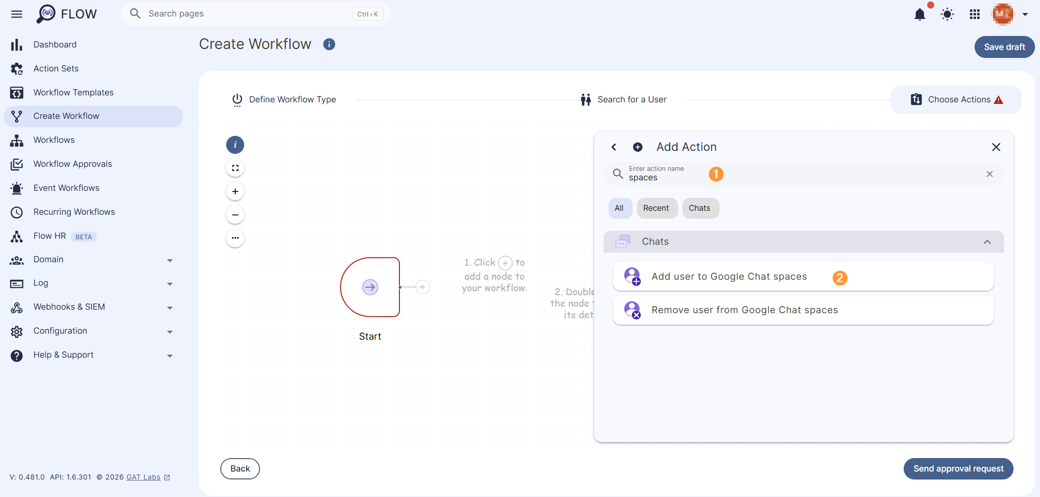 Add user to Google Spaces action is searchable and can be selected.