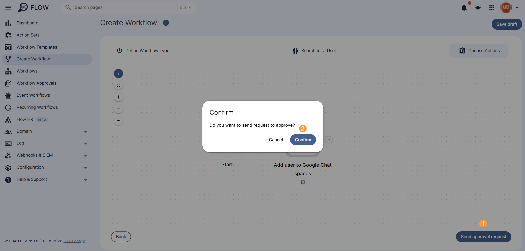 'Send Approval Request' and 'Confirm' buttons are displayed.