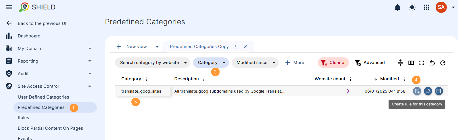 GAT Shield menu showing applied filter that searches for a Category called: translate_goog_sites., the category itself and the Create rule for this category button