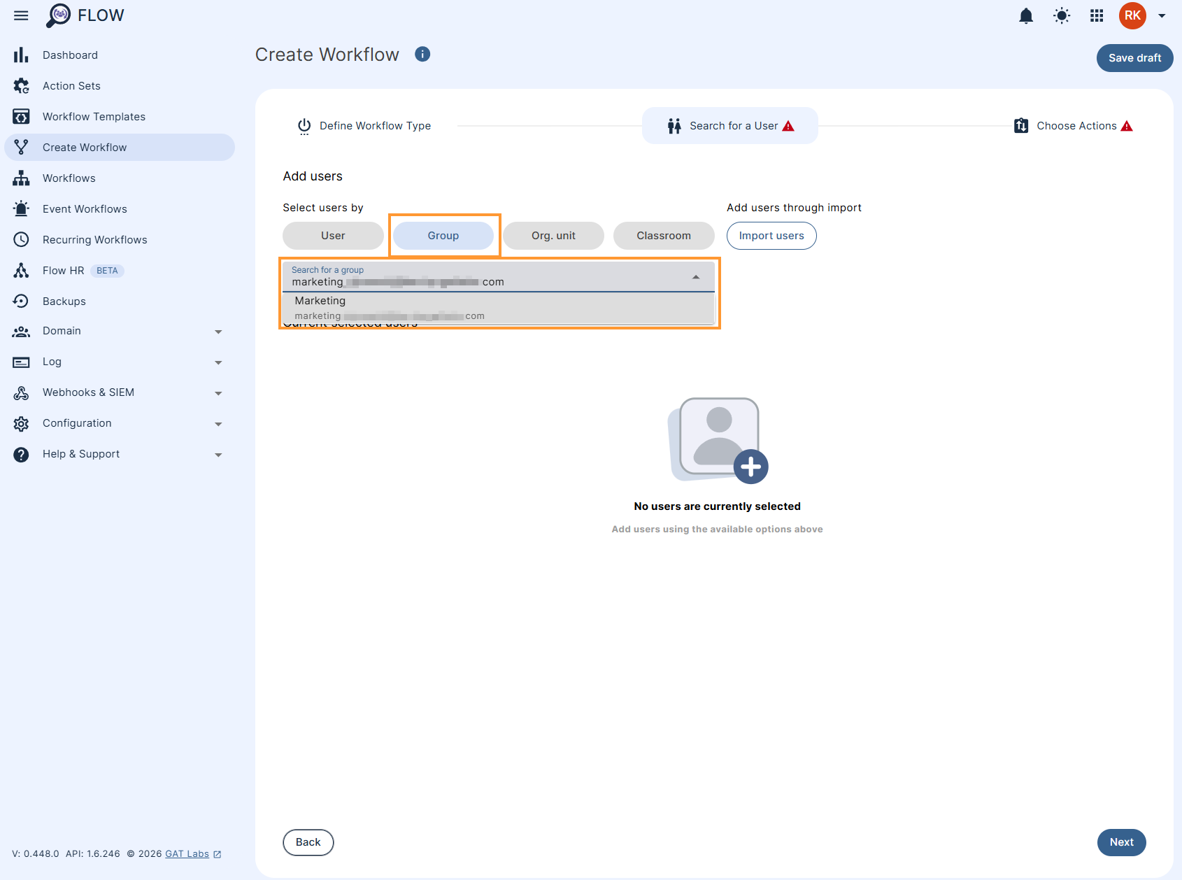 Selecting users from a group in a GAT Flow workflow