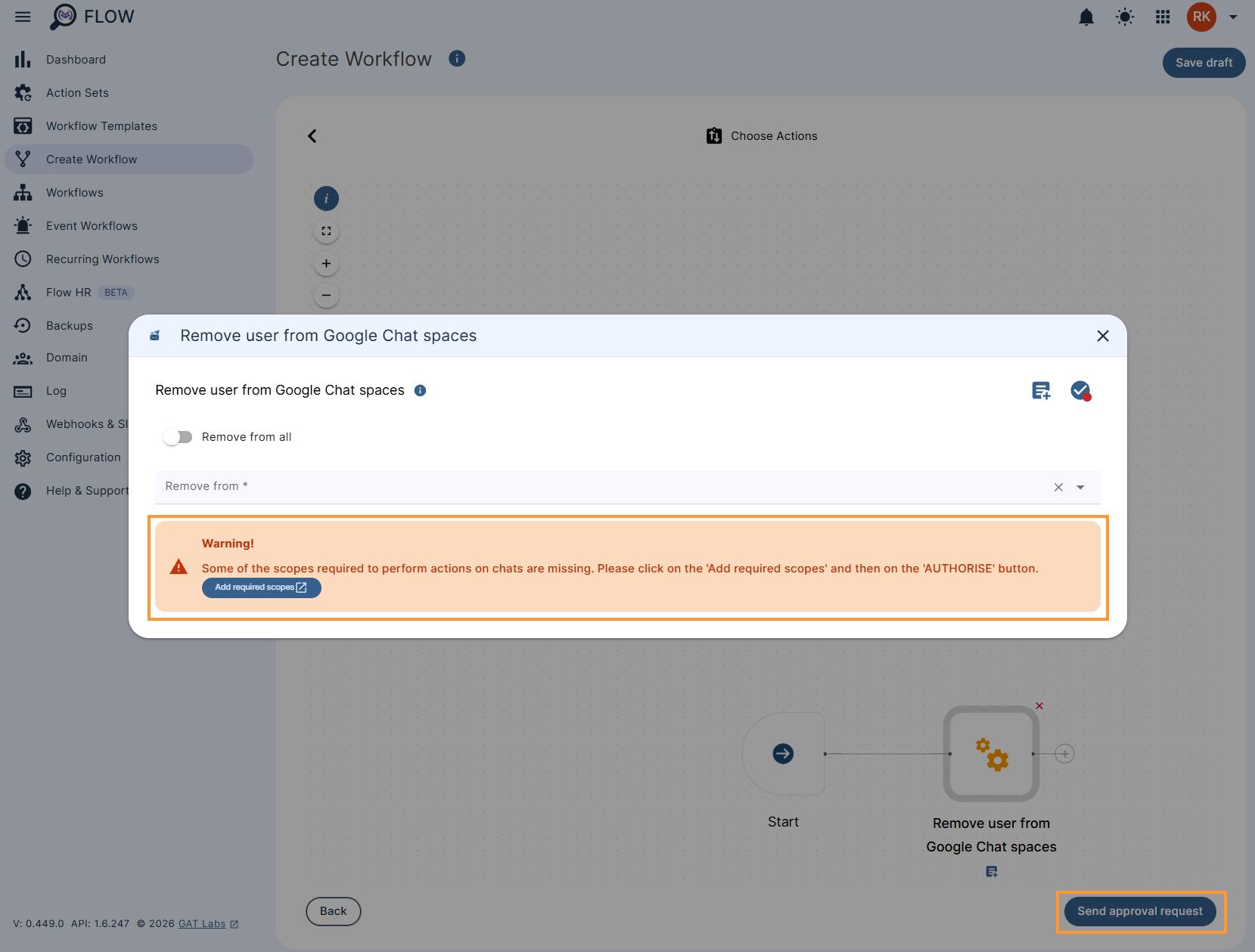 "Remove user from Google Chat spaces" action workflow