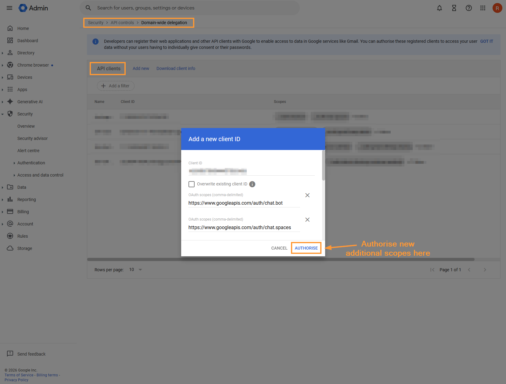 Adding a new API client in the Google admin console