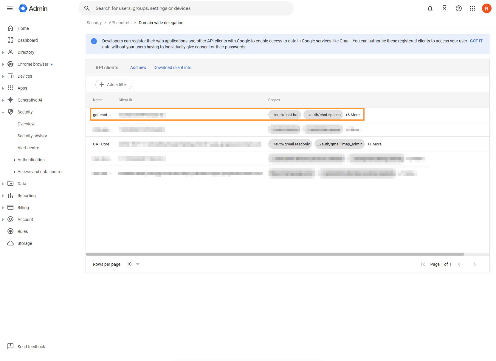 API Clients in the Google admin console