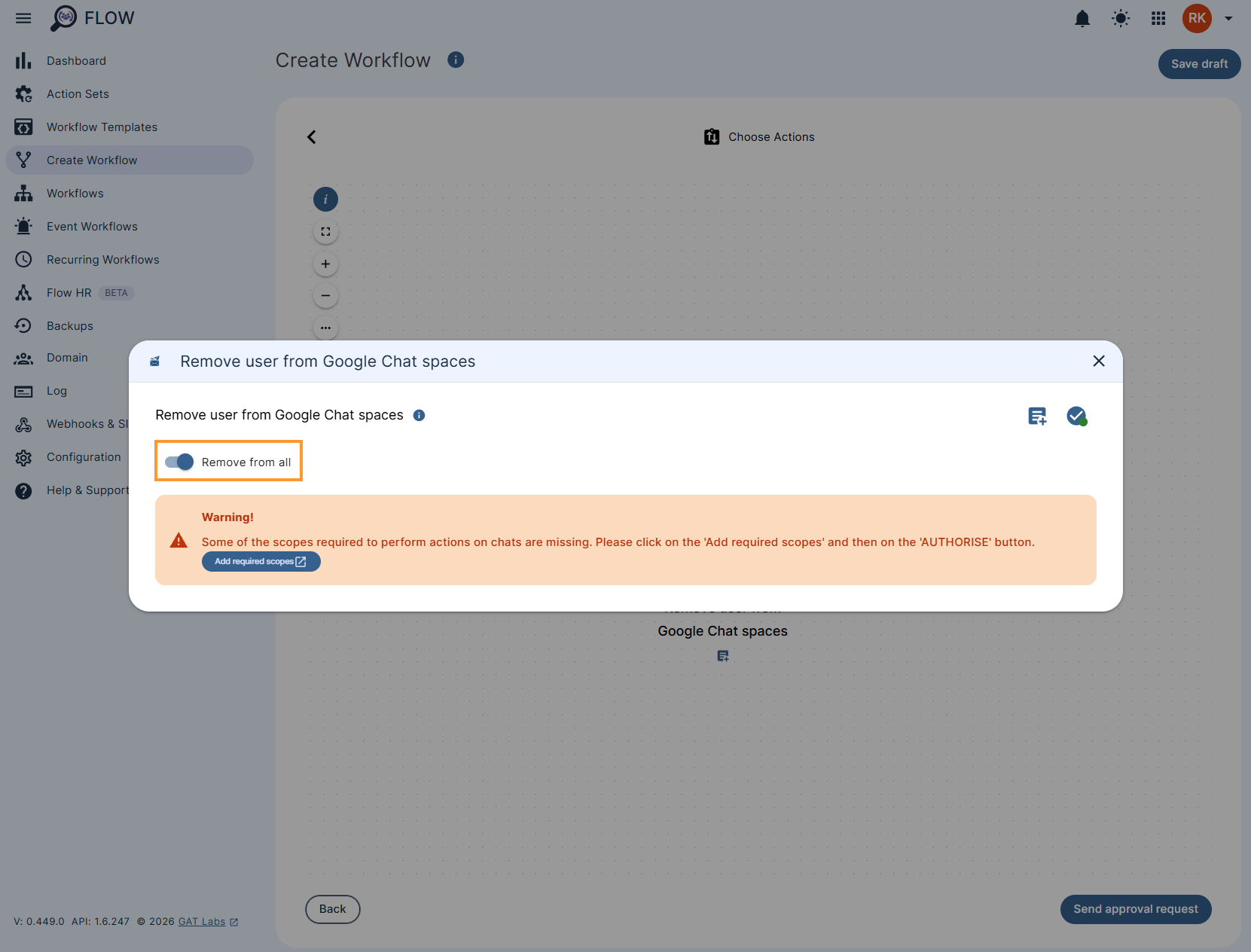Configuring the action 'Remove user from Google Chat spaces' in a GAT Flow workflow