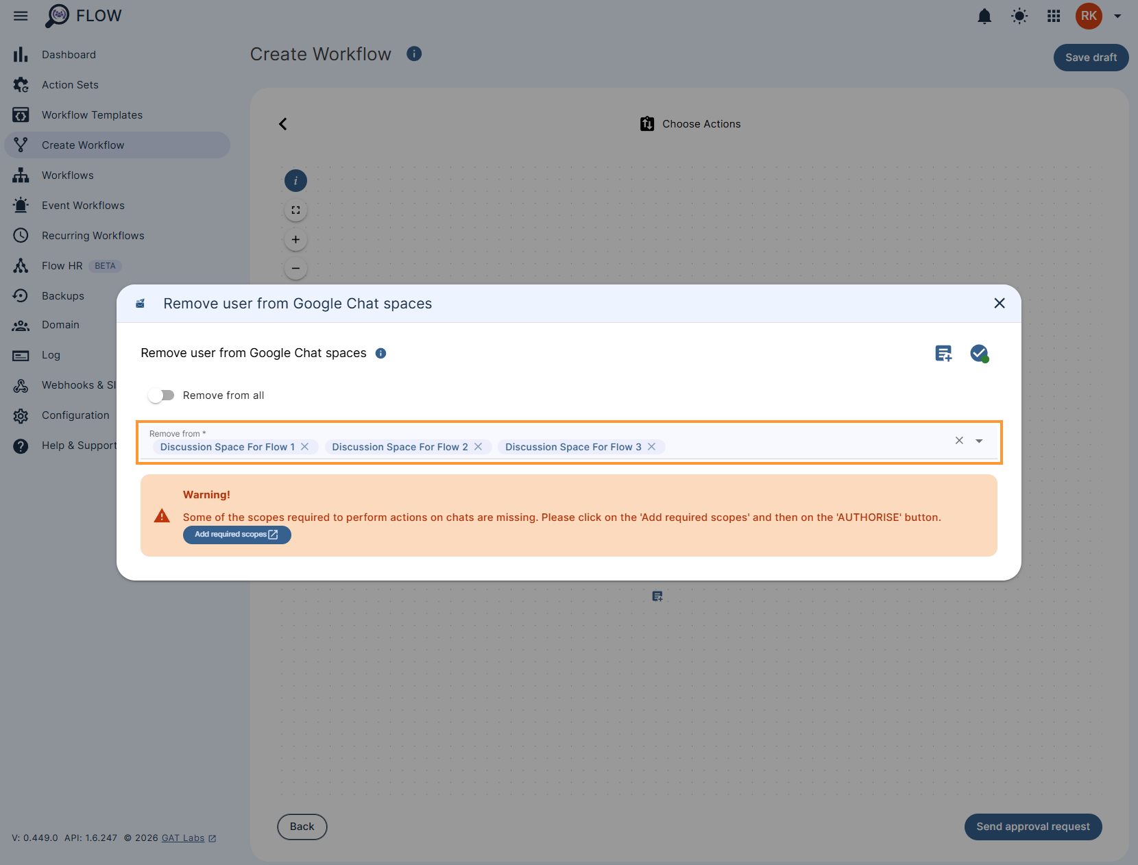 Configuring the action 'Remove user from Google Chat spaces' in a GAT Flow workflow