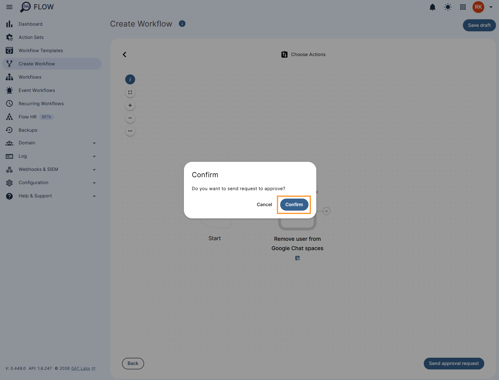 'Send approval request' Confirmation pop-up.