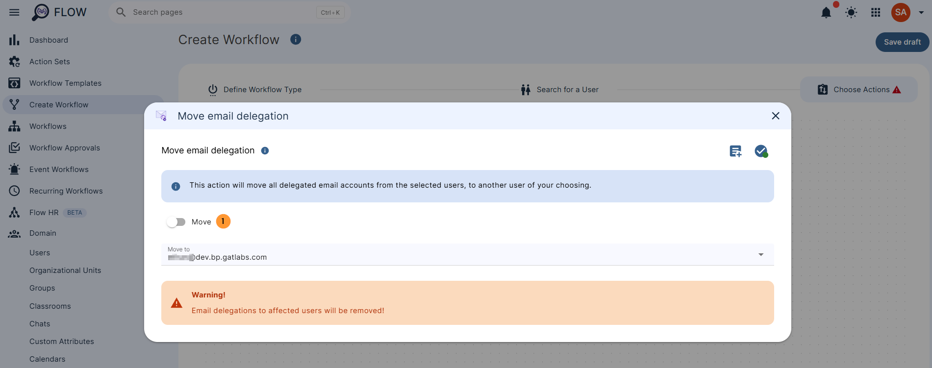 This action will move all delegated email accounts from the selected users, to another user of your choosing. 