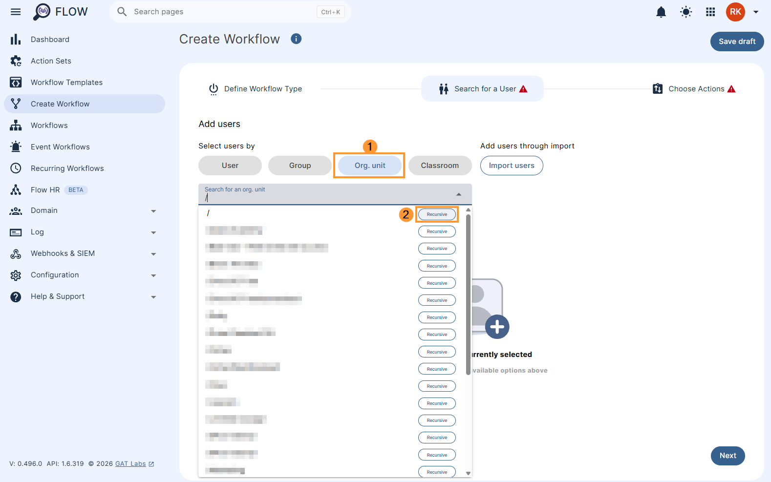 Selecting the root ou in 'Search for a user' section of GAT Flow