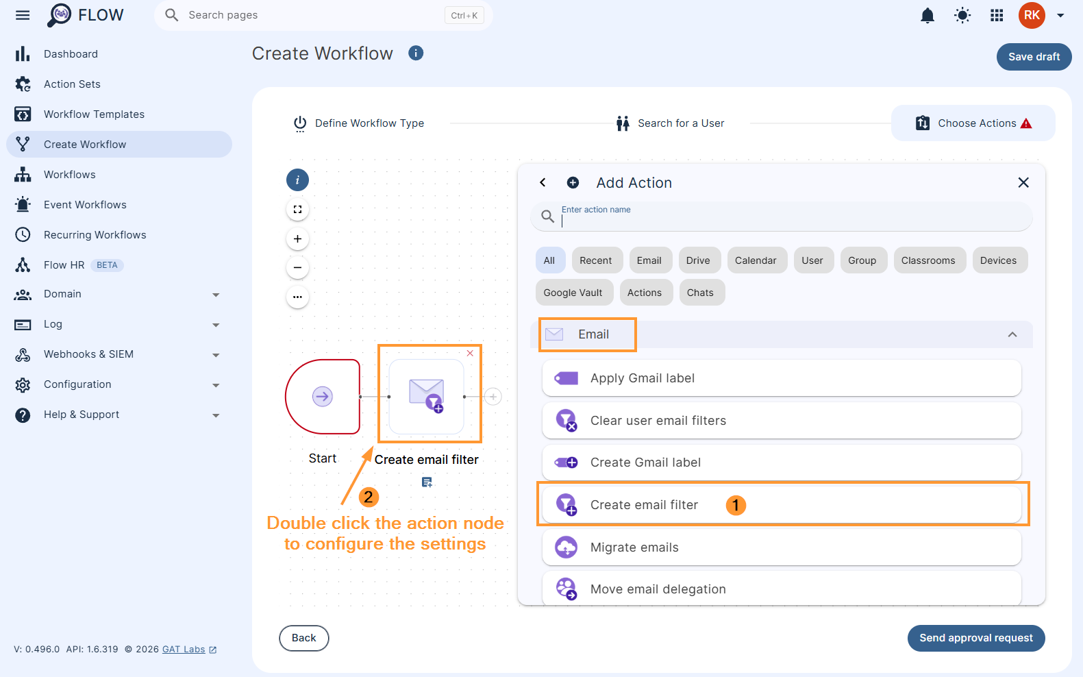 Adding the 'Create email filter' action in a GAT Flow workflow