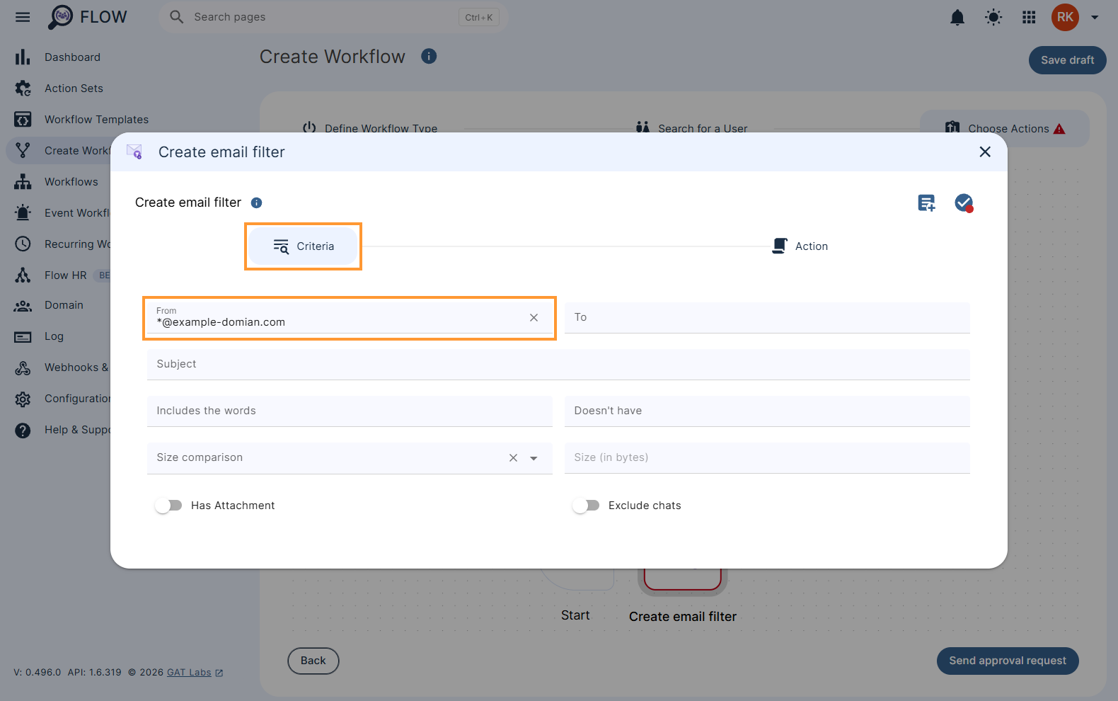 Configuring the settings of 'Create email filter' action