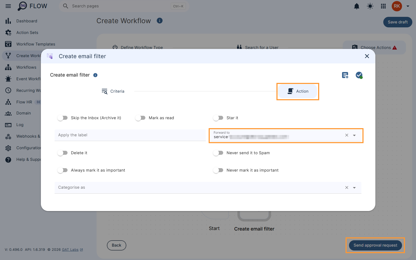 Configuring the settings of 'Create email filter' action