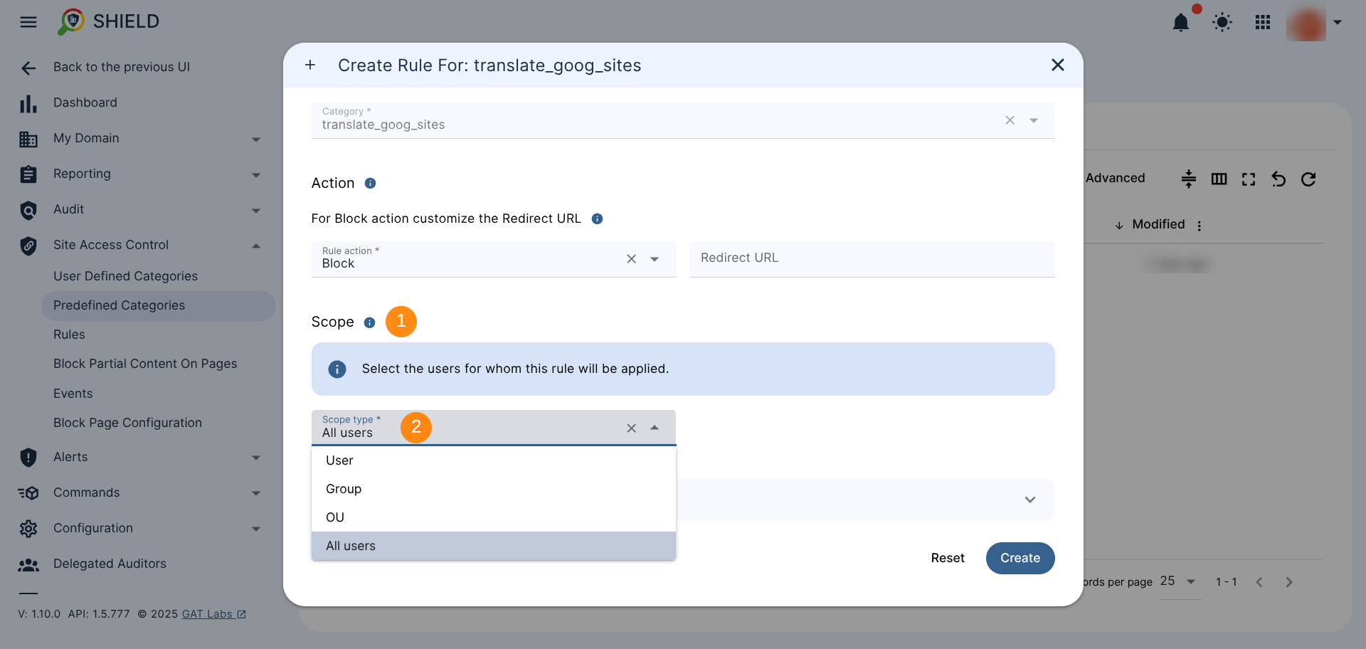 Rule Scope section allowing to select one of the options from the drop-down menu: User, Group, OU, All users.