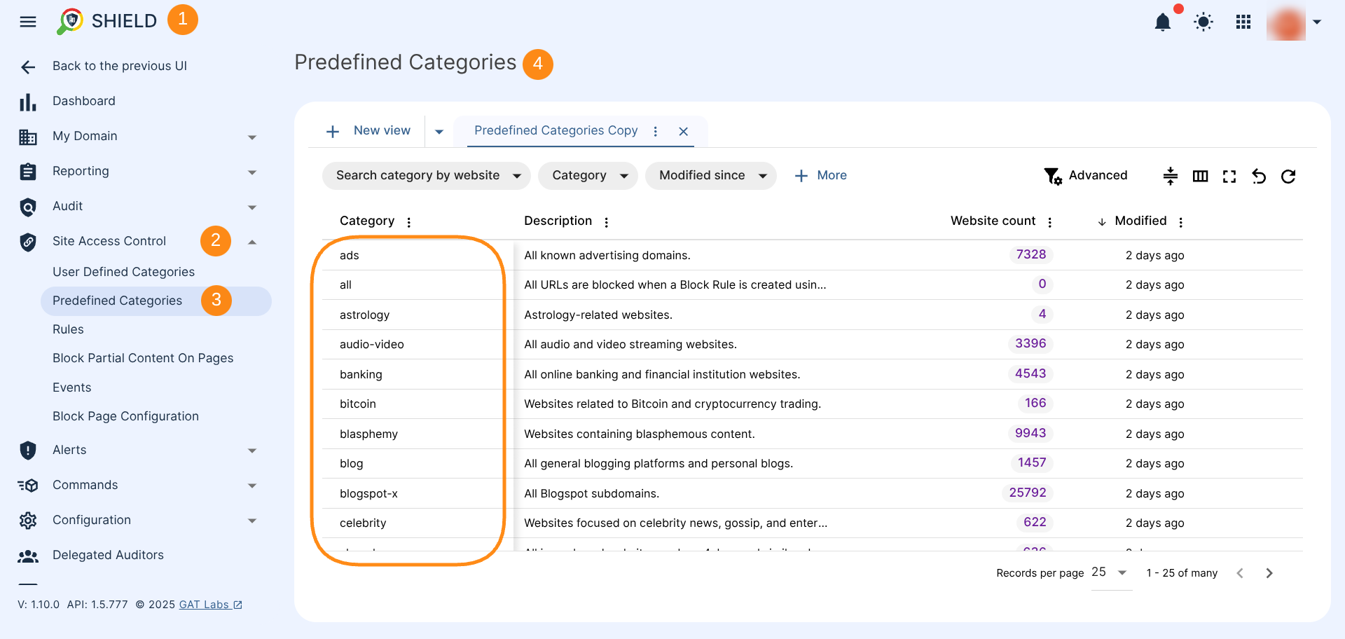 GAT Shield Site Access Control Predefined Category menu showing available predefined categories