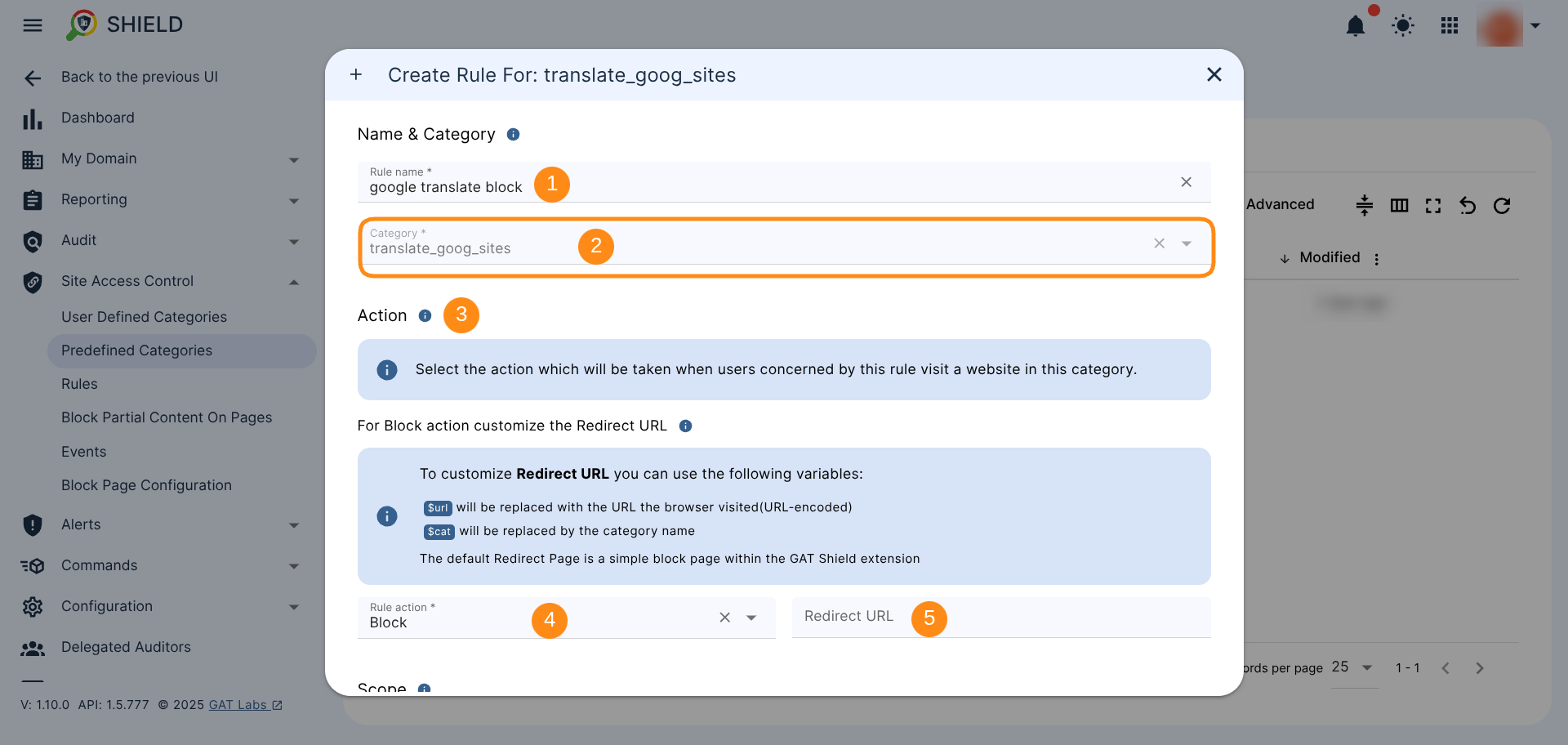 Create Rule For: transfer_goog_sites category window showing Rule name field, Category field, and Action section with Rule action selected to Block, and Redirect URL field (optional).