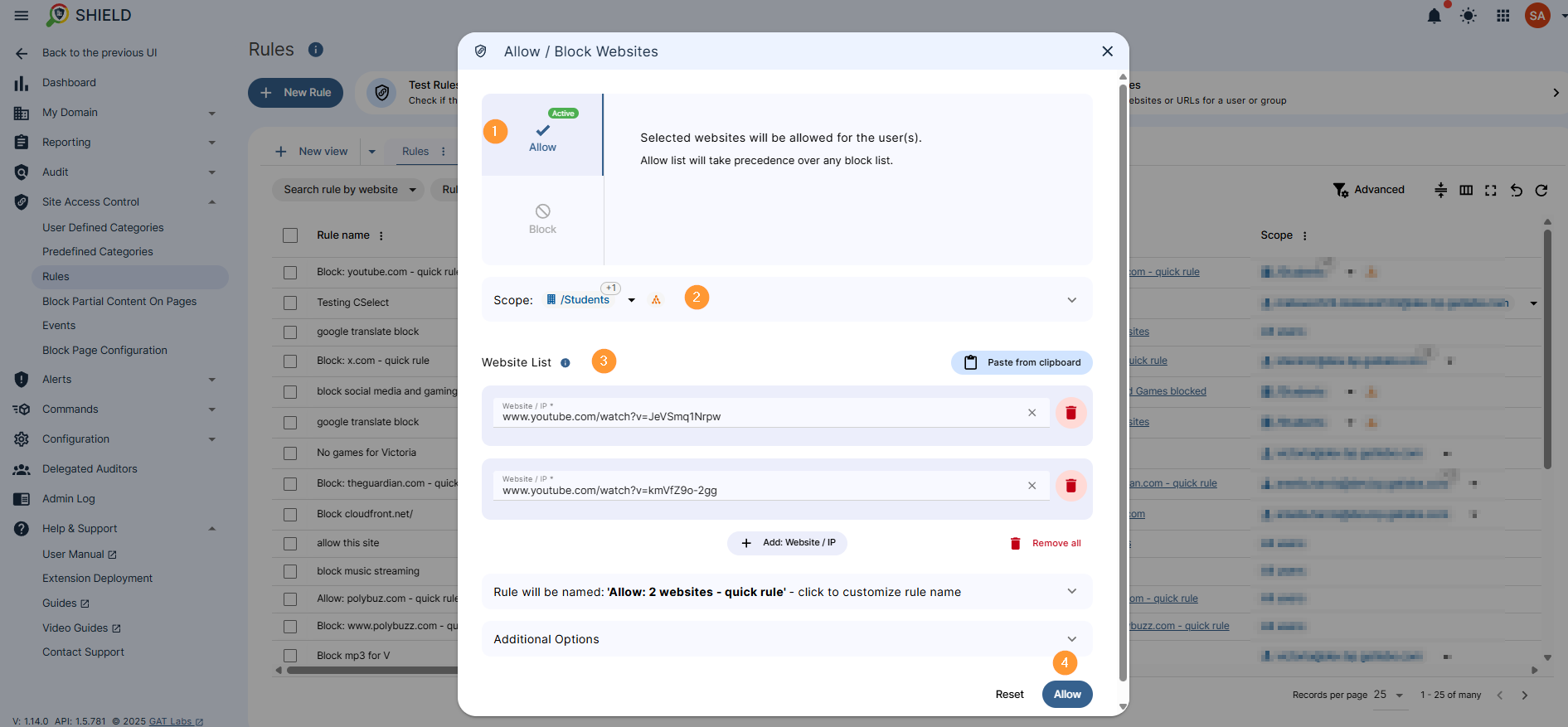 Allow - select allow for pages to be allowed, scope select users website list - select website list 