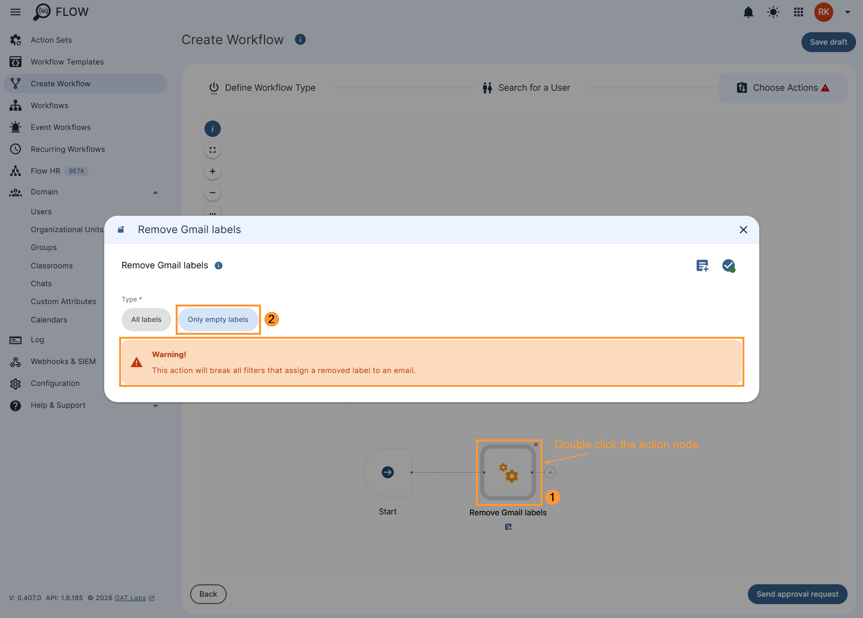 Bulk Gmail Label Clean Up action in GAT Flow workflow