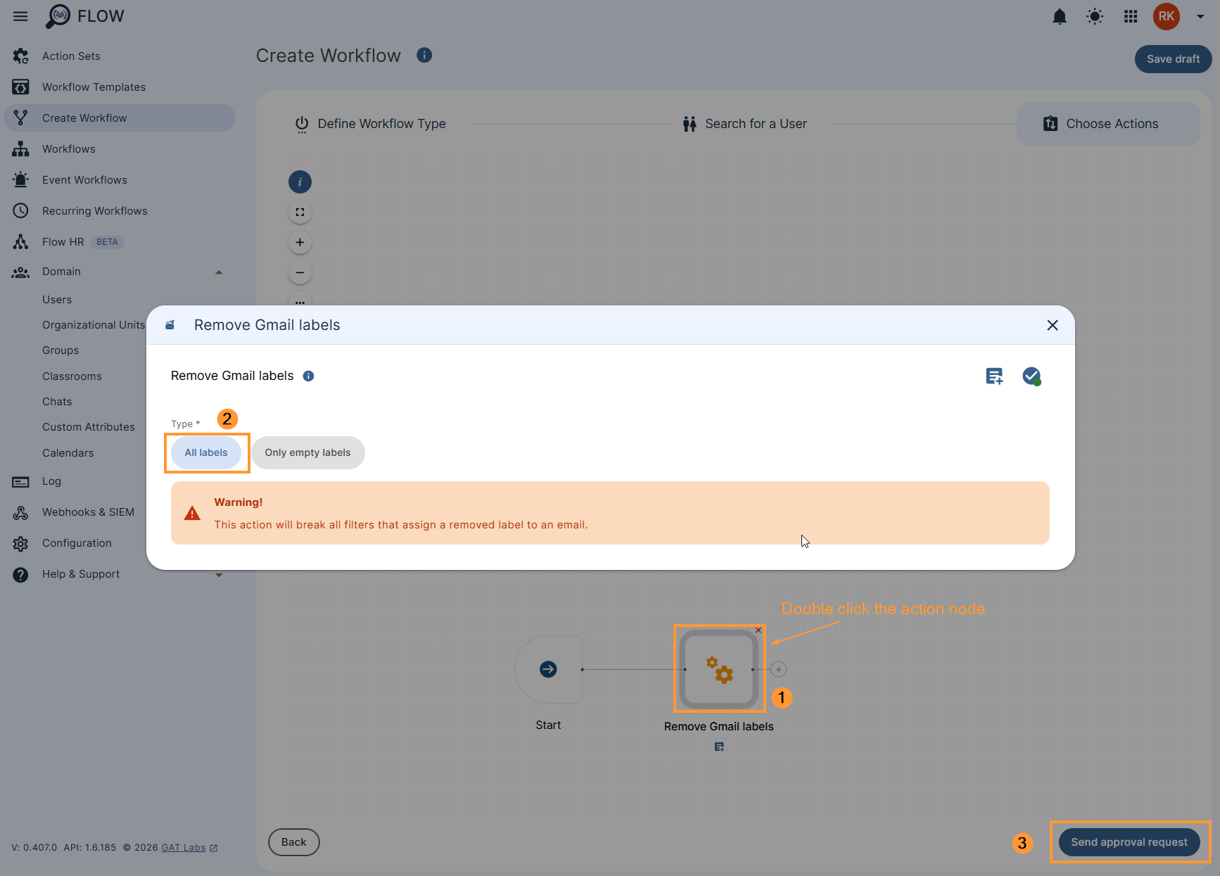 Bulk Gmail Label Clean Up action in GAT Flow workflow