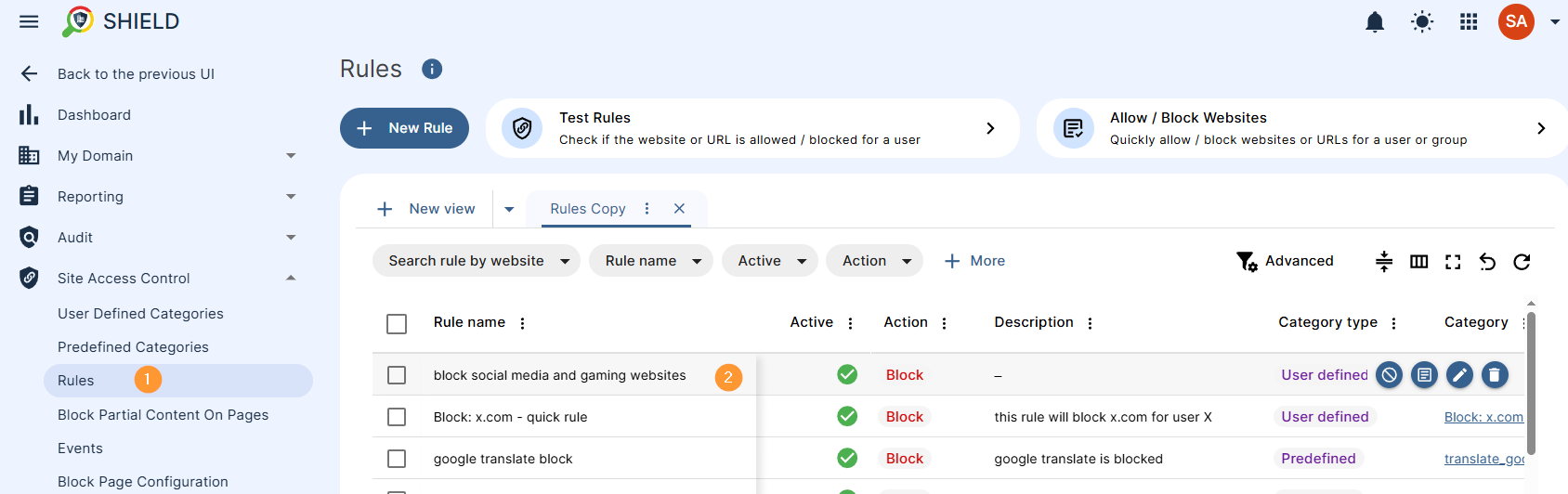 The Rules dashboard showing all the rules with the must recently created on the top of the list.