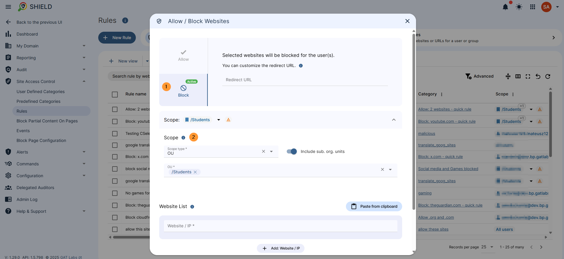 in the window select Block button (active in green text) then select Scope by clicking the scope button and pick a user group or org unit or all users - then select the actual scipe of users from the menu option 