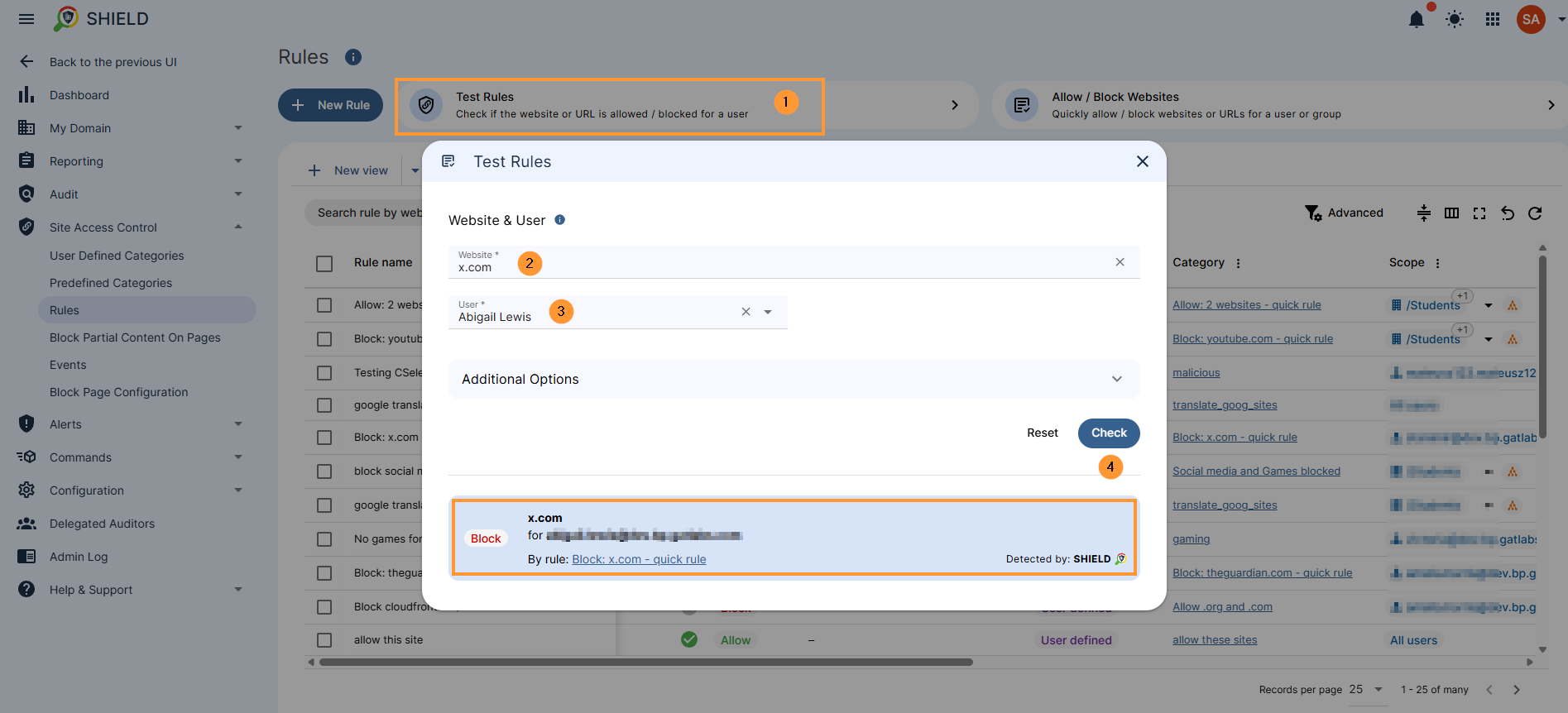 click on the test rules button a pop up window will be displayed with menu - in the menu in website filed enter a website you need to search for and below it will be user field enter email of user who you want to check if page is blocked for then click on the blue "check" button below that on the right side 