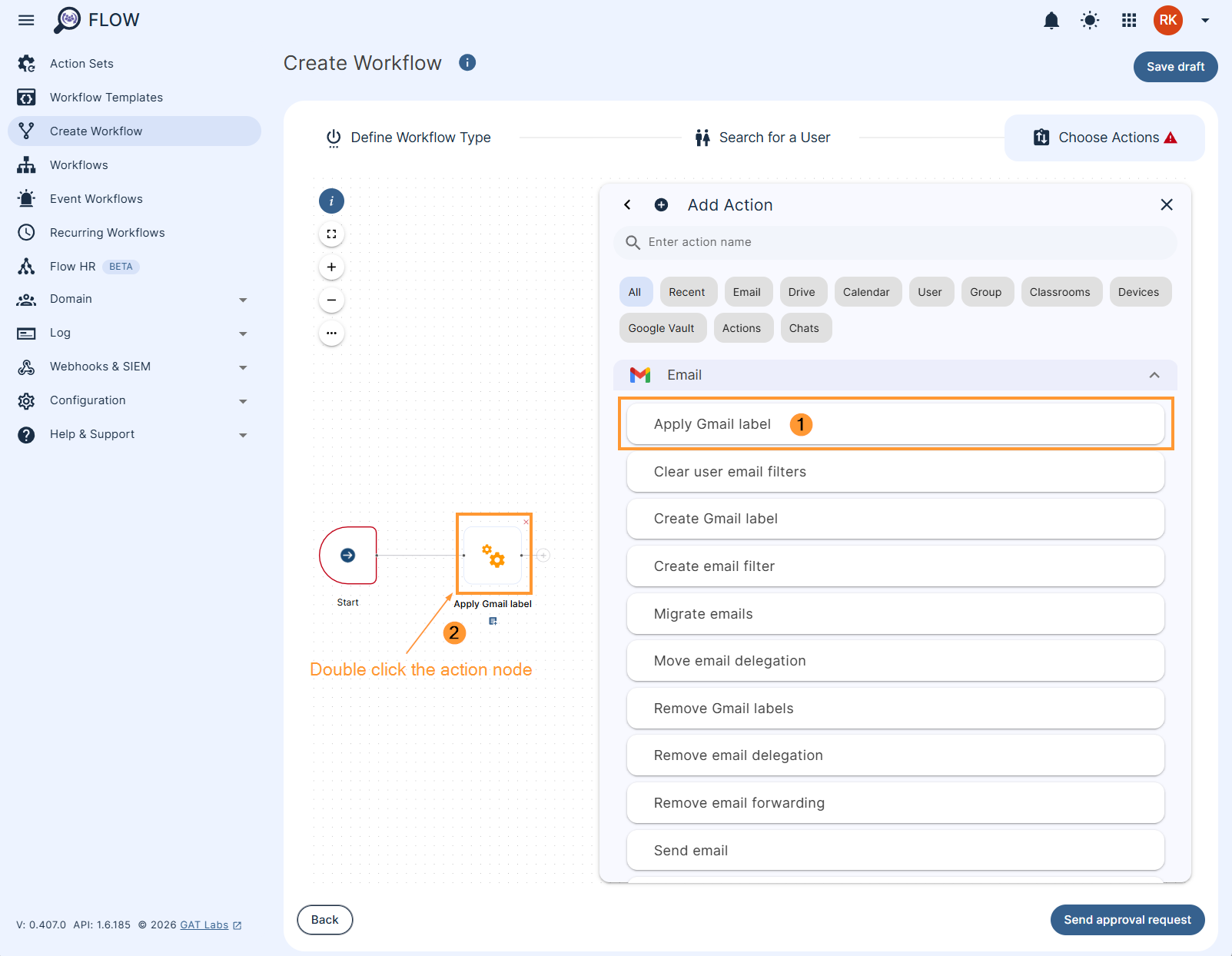 Adding the action 'Apply Gmail label' in GAT Flow