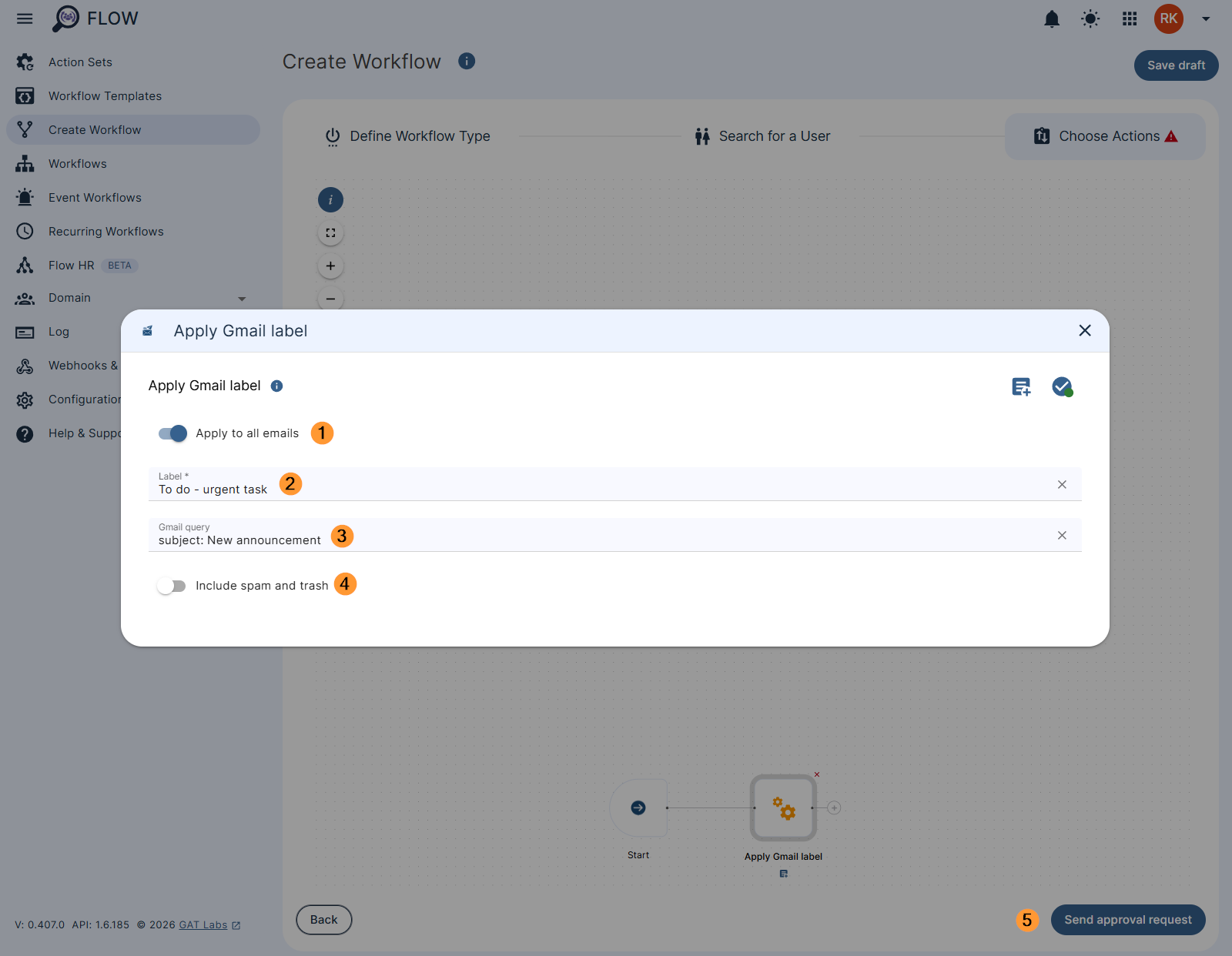 Apply Gmail label action settings