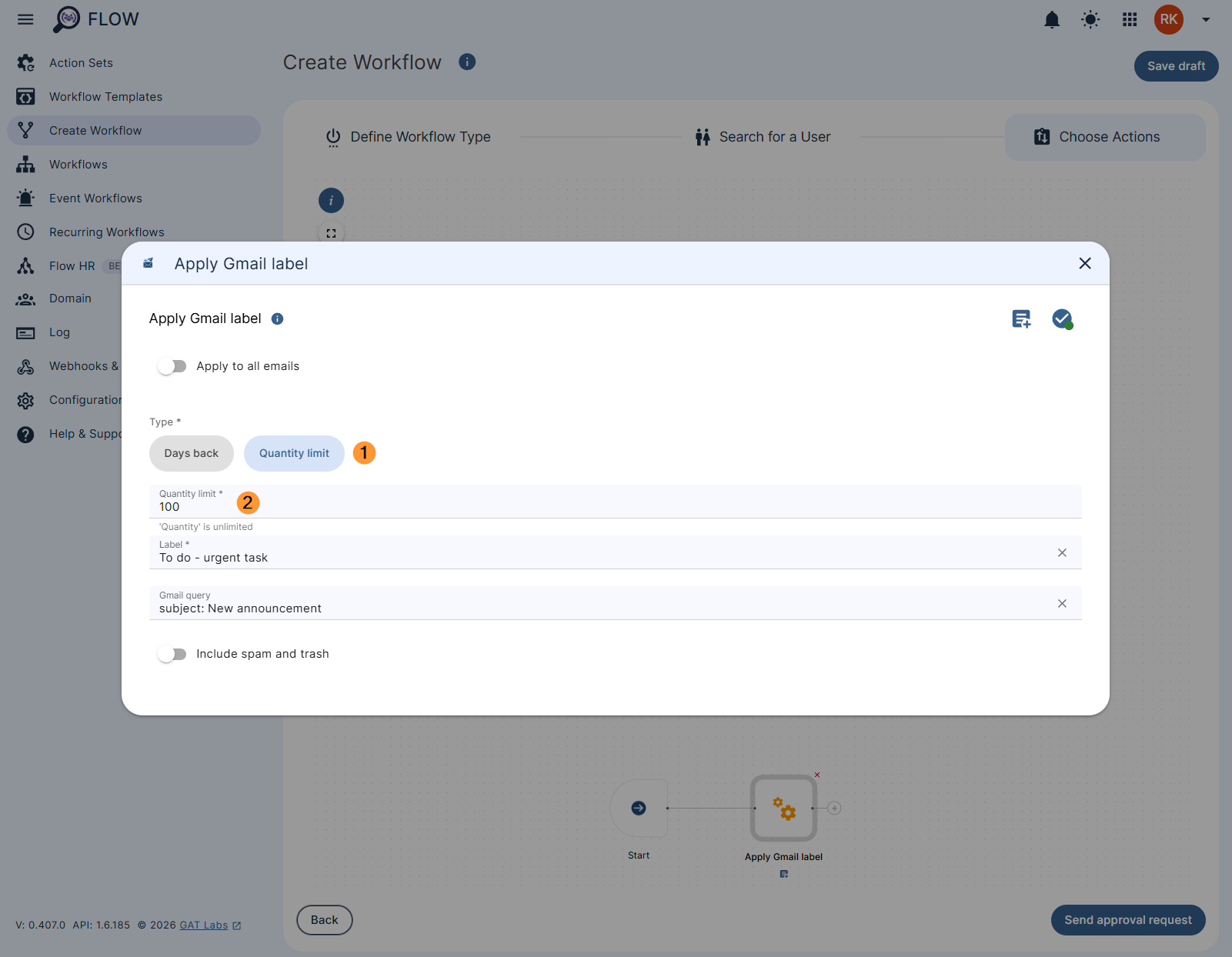 Apply Gmail label action settings
