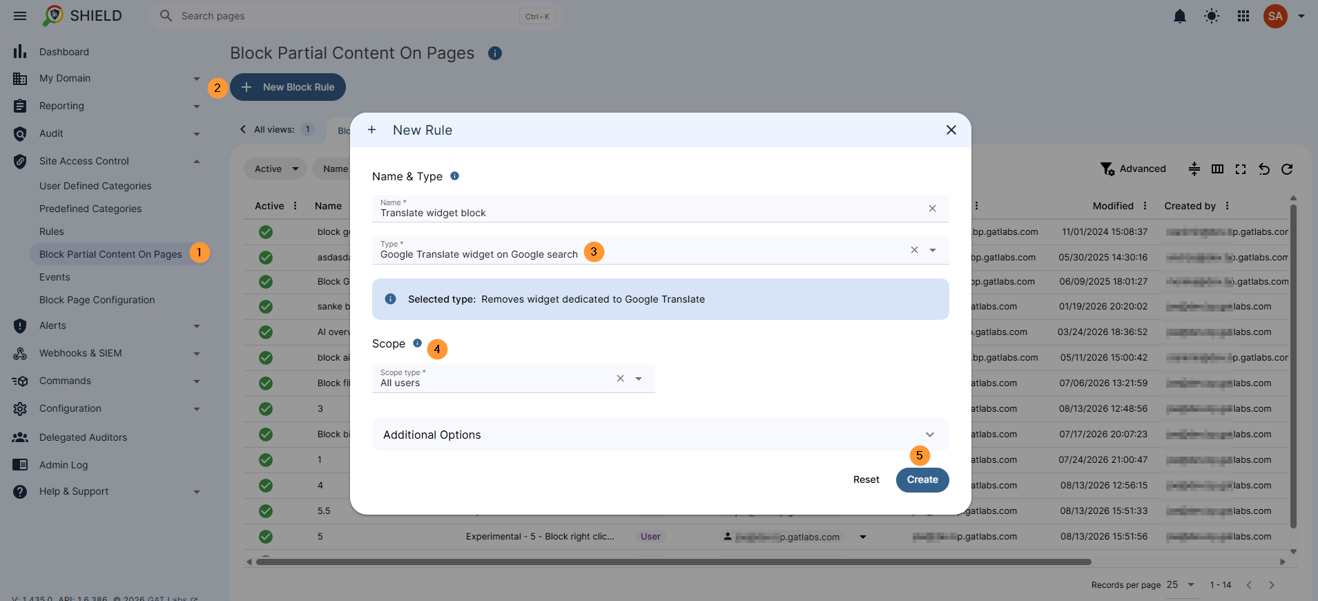 Name - Enter a name for the rule
Type -Search the Google Translate widget on Google search
Scope - select the scope of users to be affected by the block
Create - create the rule