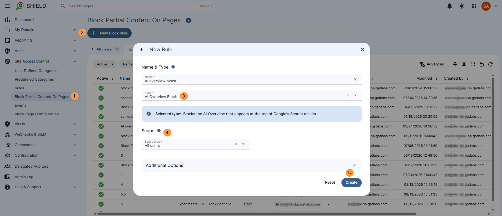The partial block, "Blocks the AI Overview that appears at the top of Google's Search results"
Navigate to Site Access Control > Block Partial Content on pages > New Block rule
Name - Enter a name for the rule
Type - Select "AI Overview Block"
Scope - select the scope of users to be affected by the block
Create - create the rule