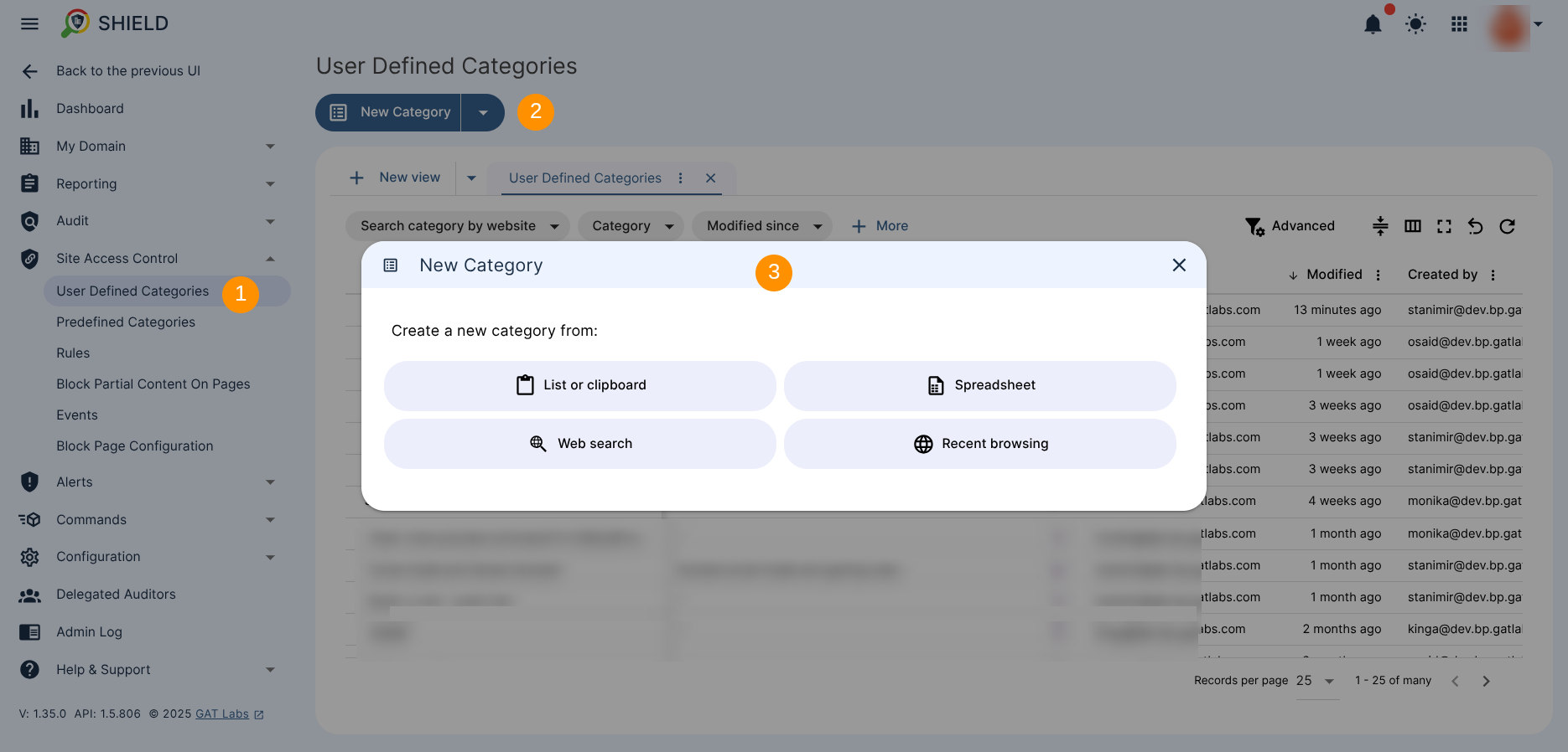 The User Defined Categories section shows the New Category button and four options to proceed with category creation. The options to create a new category from are displayed as follows: List or clipboard, Spreadsheet, Web search, Recent browsing.