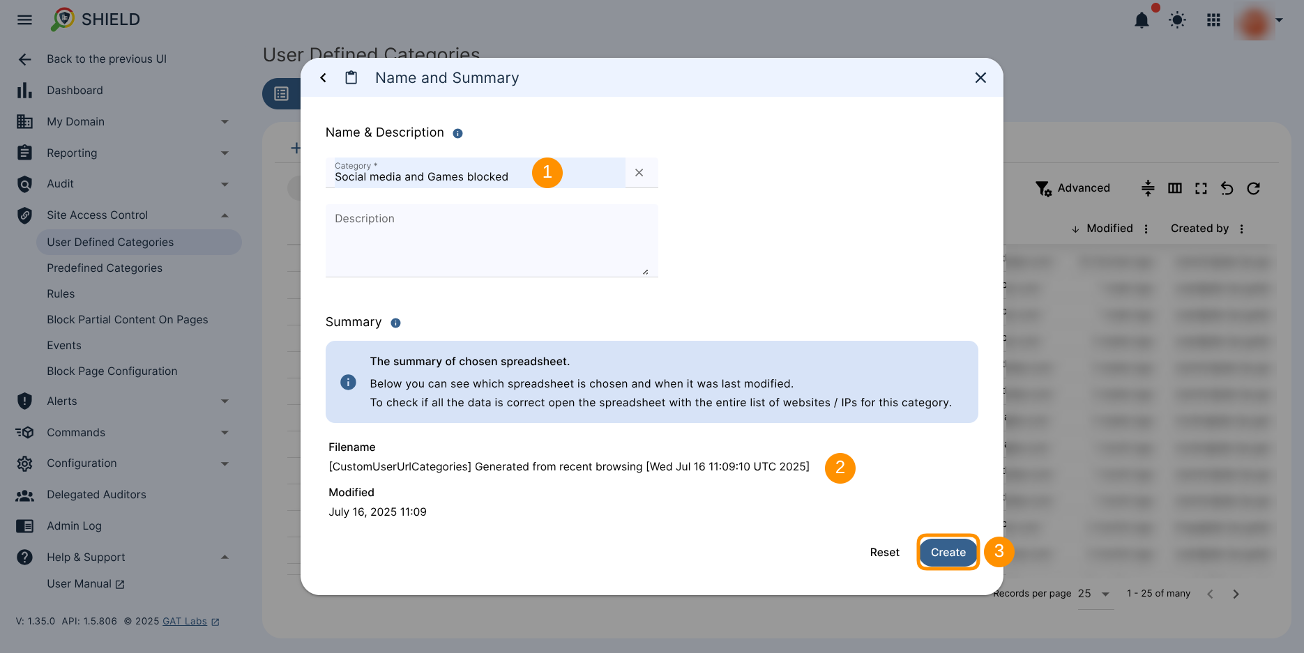 The Create Category Wizard window, where you can enter a category Name and Description and review the Summary section, which displays the URLs you entered or the selected spreadsheet. This window also shows the Create button to be used for creating the category.