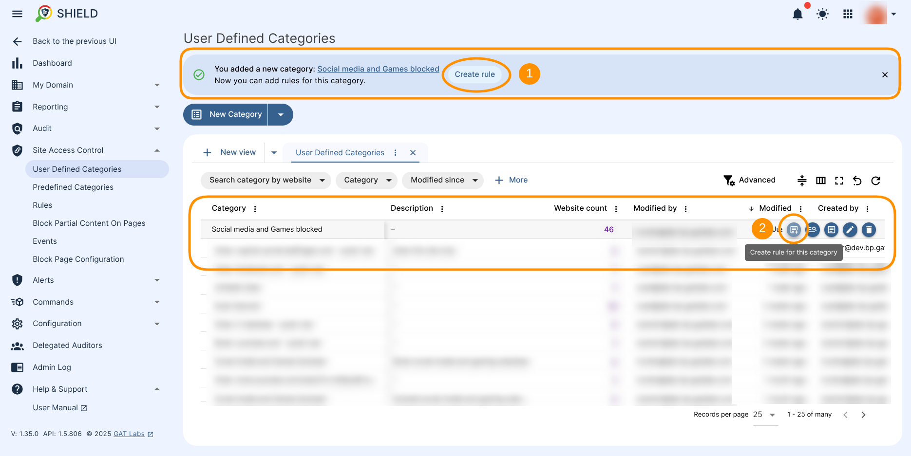 The User-Defined Categories section displays an informational banner about the newly created category and a "Create Rule" button, providing quick access to the creation wizard for that specific category. This section also includes a table with all the Users Defined Categories created and the option to "Create a rule for this category" for a specific category in the table.