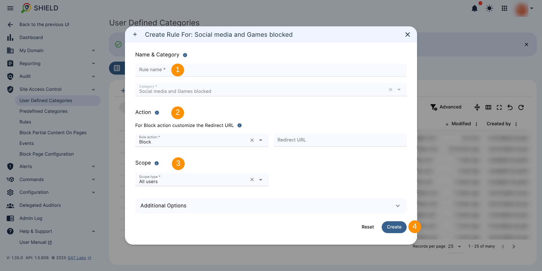 The rule creation wizard window based on the newly created "Social Media and Gaming Blocked" category. The wizard window includes the rule name, category fields, the rule action set to "Block," and the scope configured for all users.