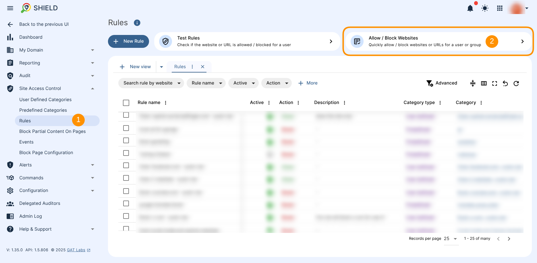 The "Allow/block website" button to take quick action against a previously created rule.