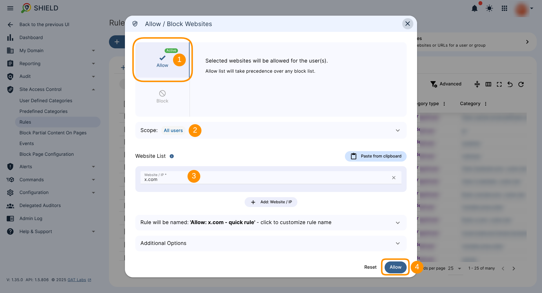 The "Allow/Block Website" rule quick setup wizard window. 