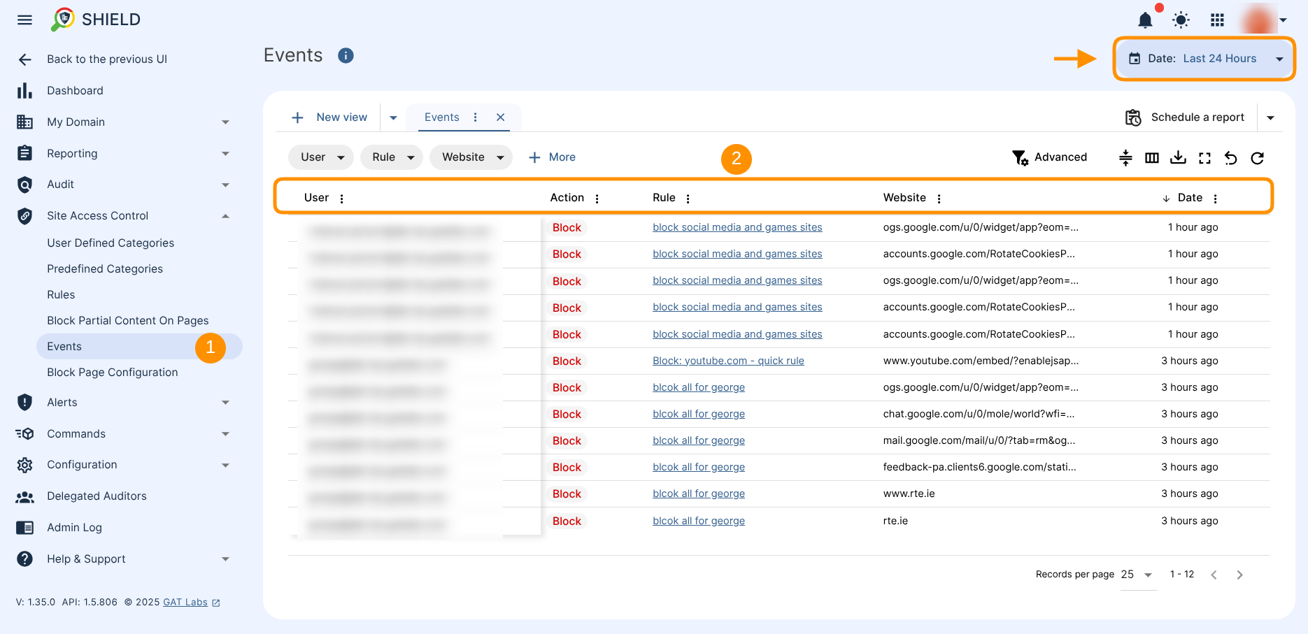 The GAT Shield Event section shows all the events that were triggered. The default Date filter is set to the Last 24 hours