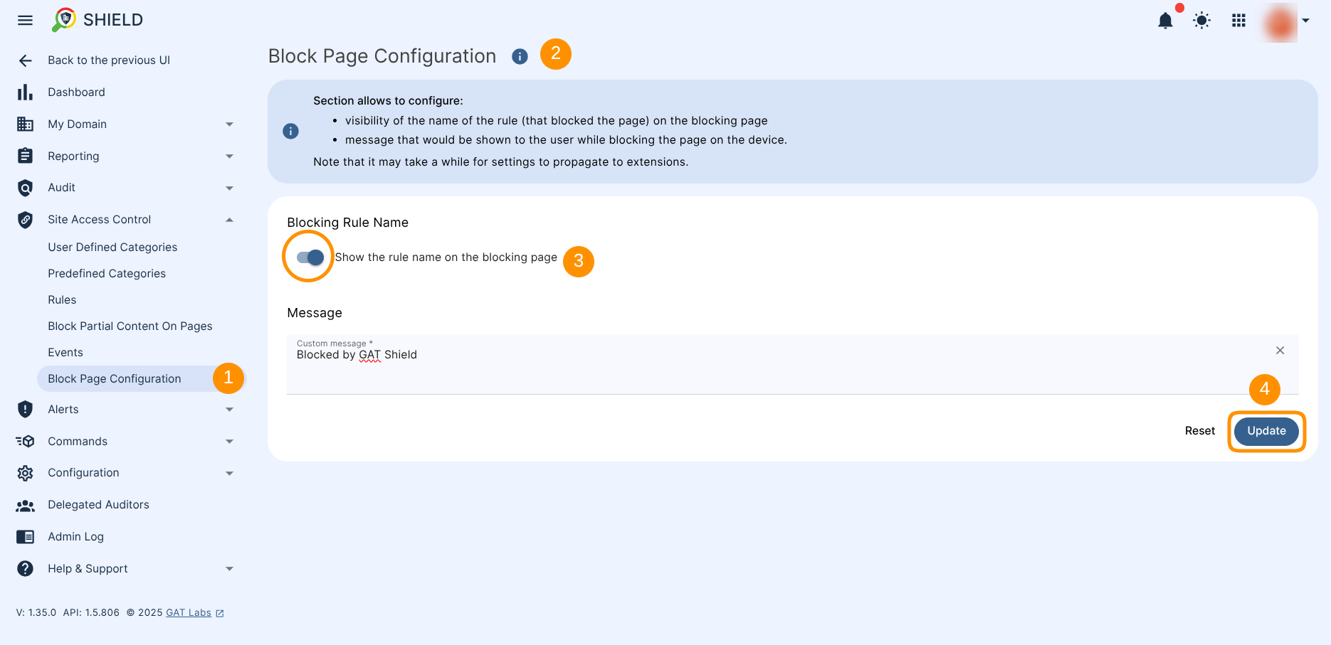 GAT Shield Blocking Page Configuration section where you can enable the Blocking Rule Name toggle to display the rule name on the blocking page (custom message).