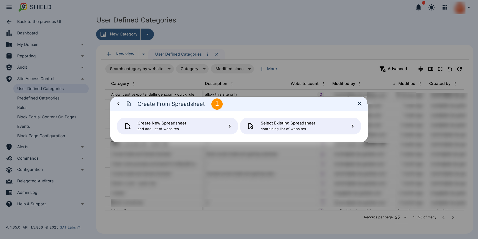 Category creation wizard window showing the option to create the category from the spreadsheet.
