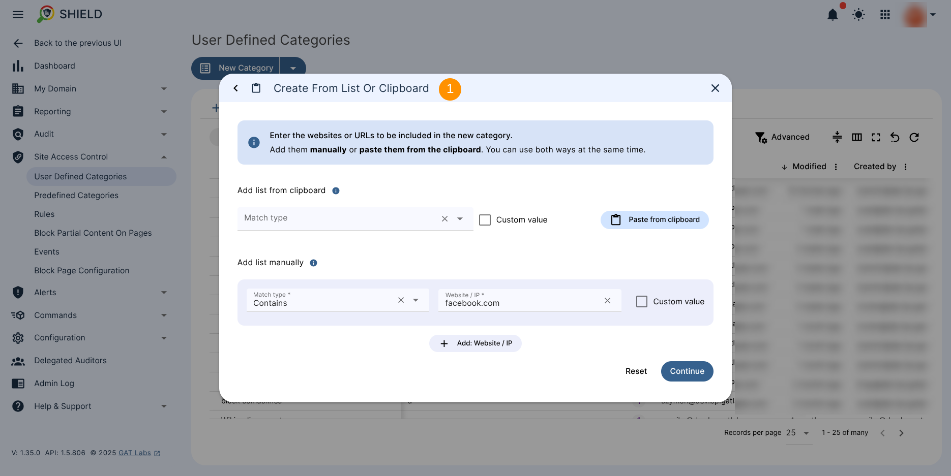 Category creation wizard window showing the option to create the category from list or clipboard. 